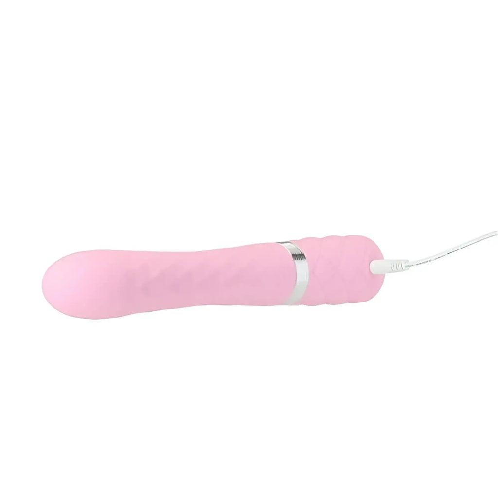 Pink silicone vibratory wand pillow talk lively pink with silver metallic band and white charging cable