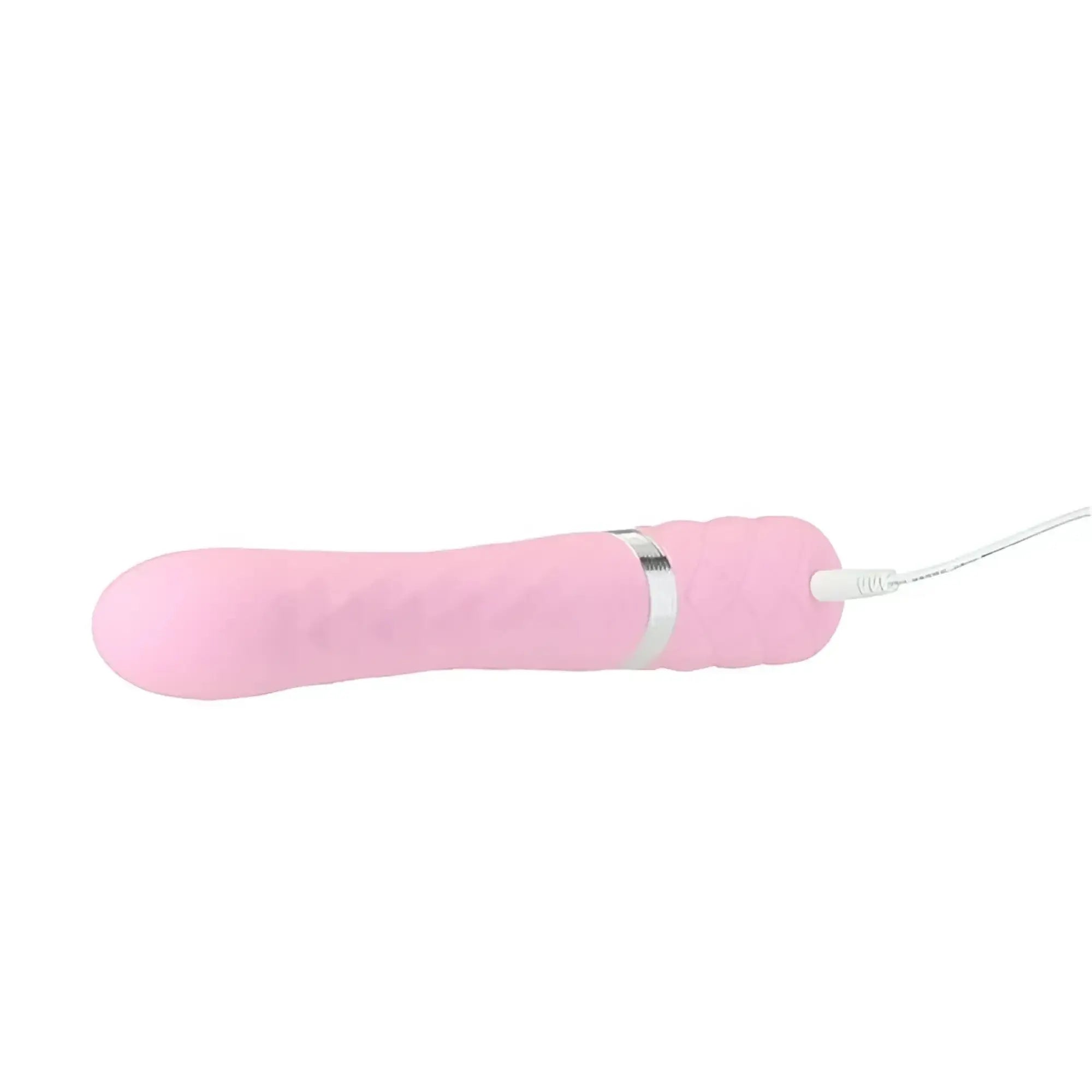 Pink silicone vibratory wand pillow talk lively pink with silver metallic band and white charging cable