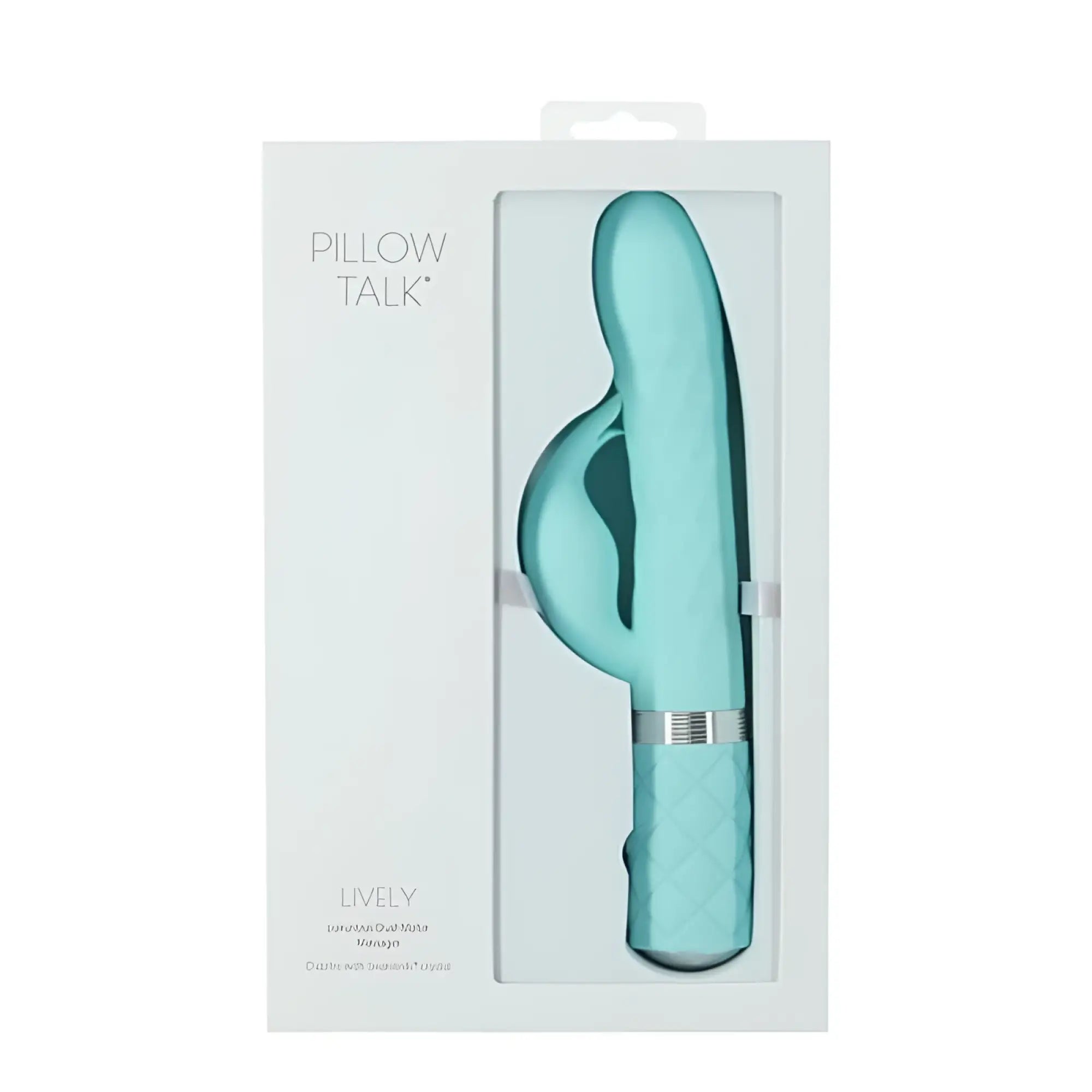 A teal ergonomic pillow talk lively dual-motor vibrator with textured grip and silver accent band for intimate use