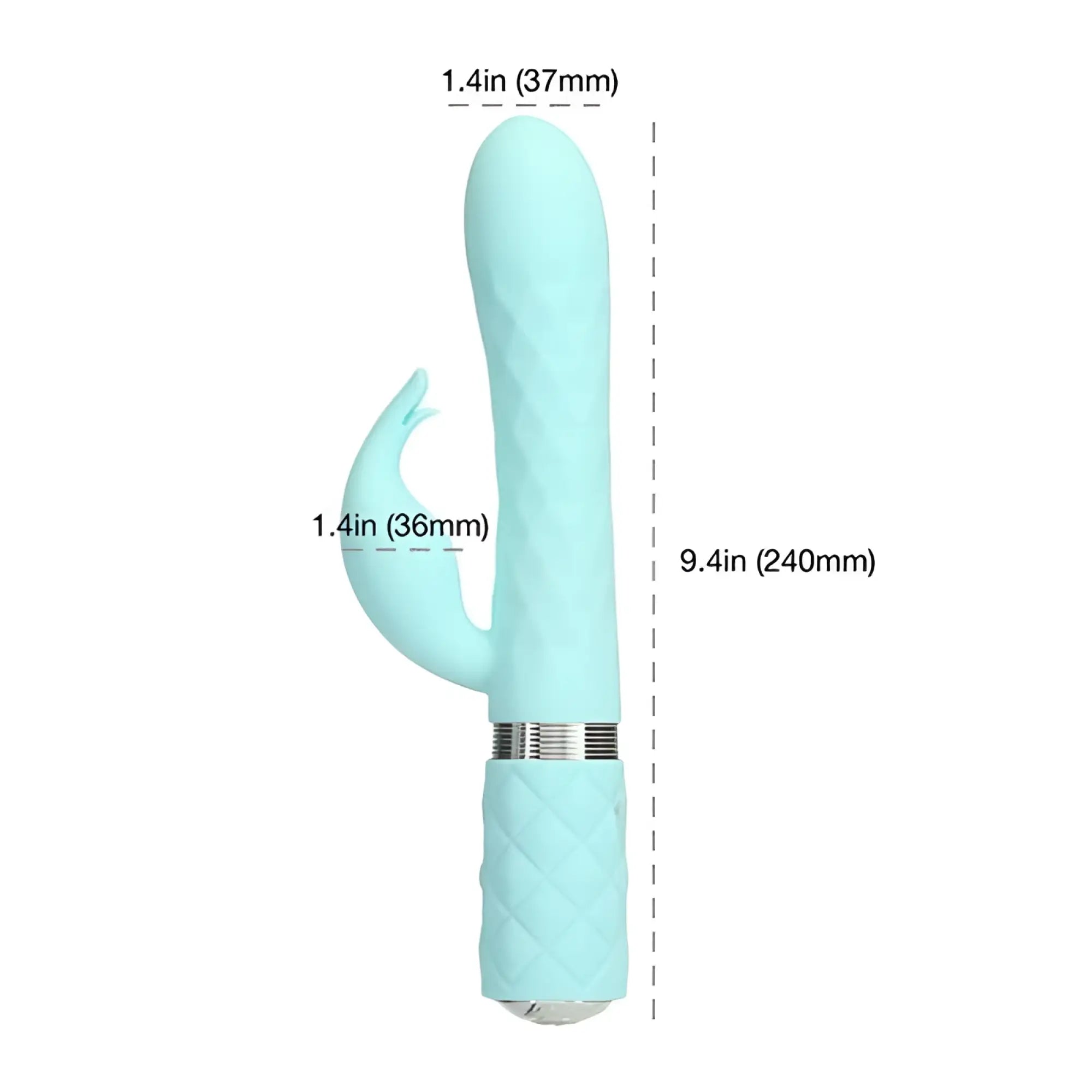 Light blue silicone rabbit shaped vibrator with textured grip and metallic silver band pillow talk lively teal