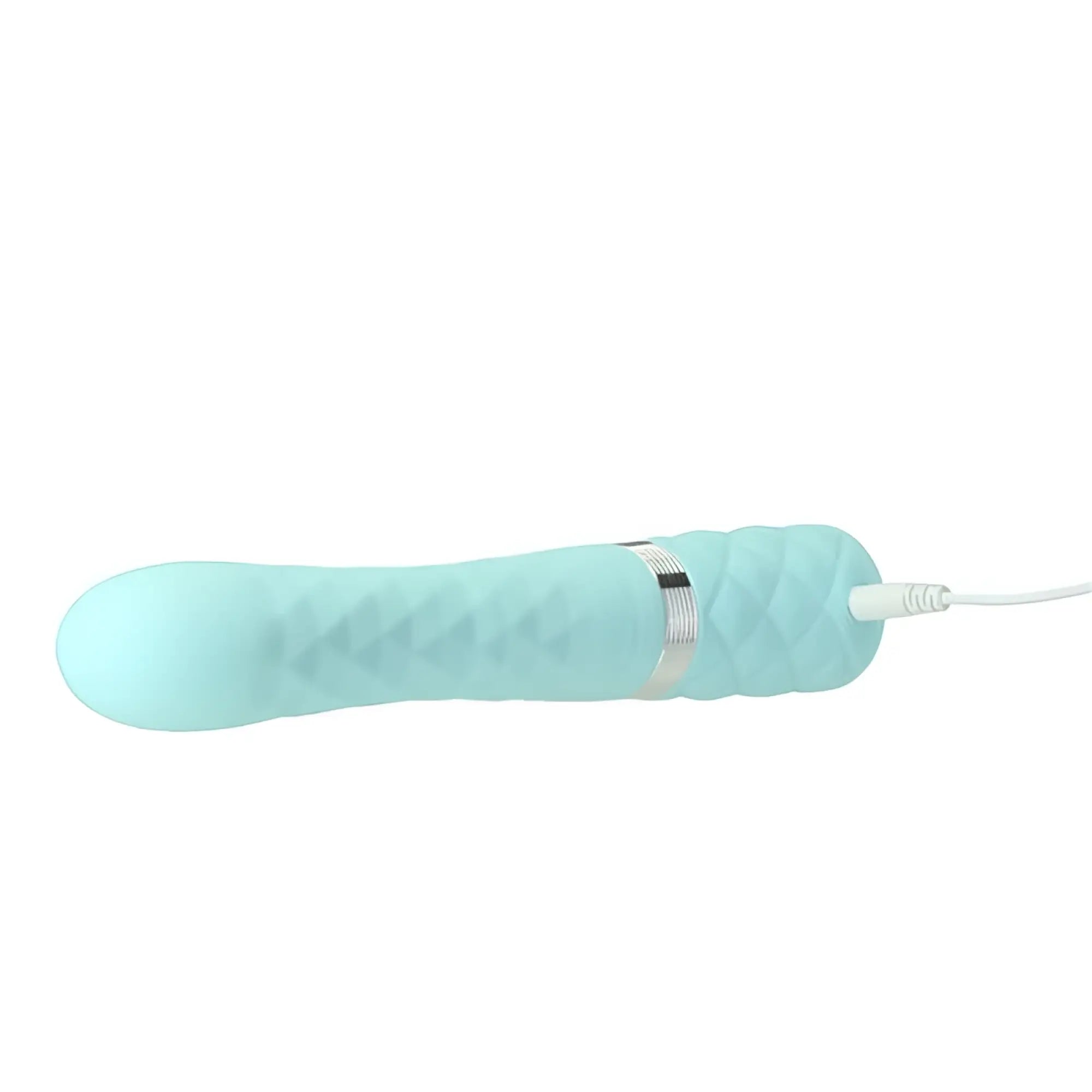 Light blue silicone vibrator with textured diamond pattern and silver metallic band from Pillow Talk Lively Teal collection
