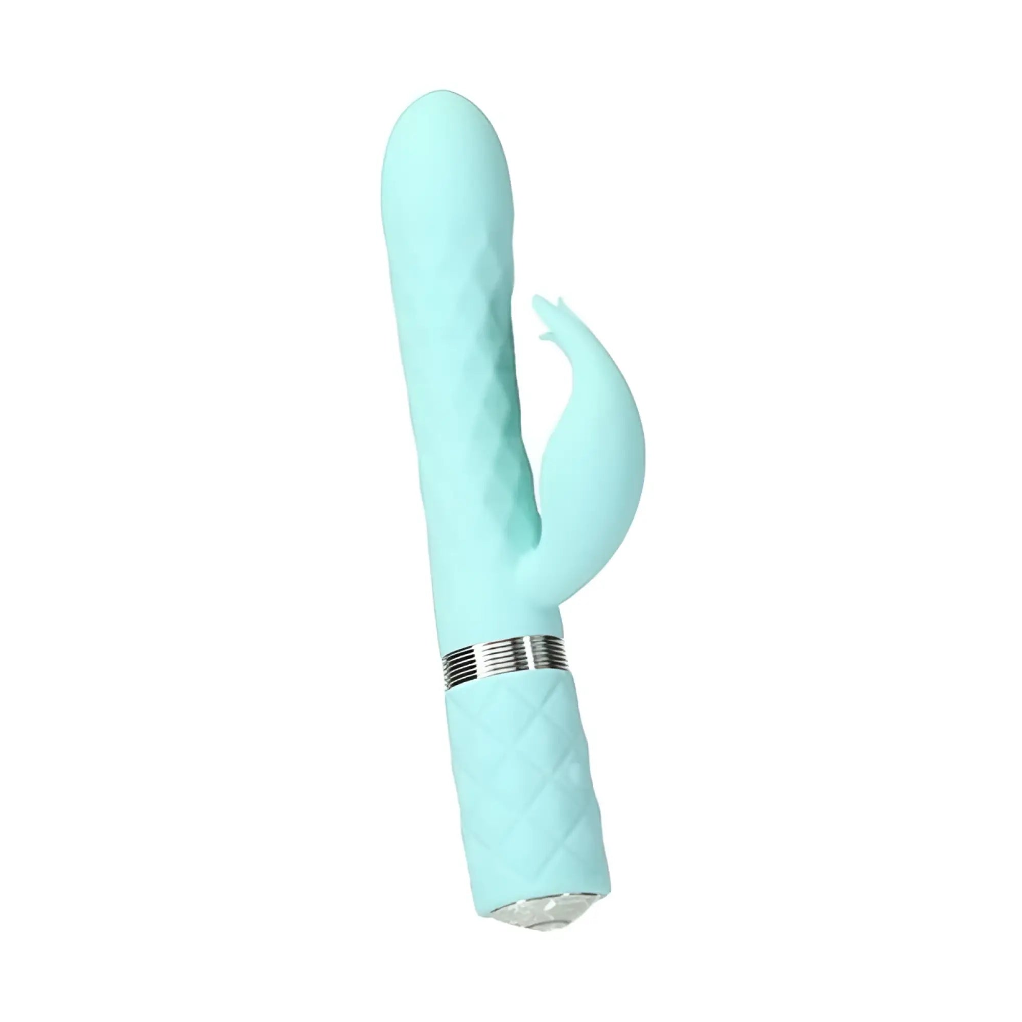 A mint green silicone rabbit vibrator with diamond texture and silver accents from Pillow Talk Pillow Talk Lively Teal