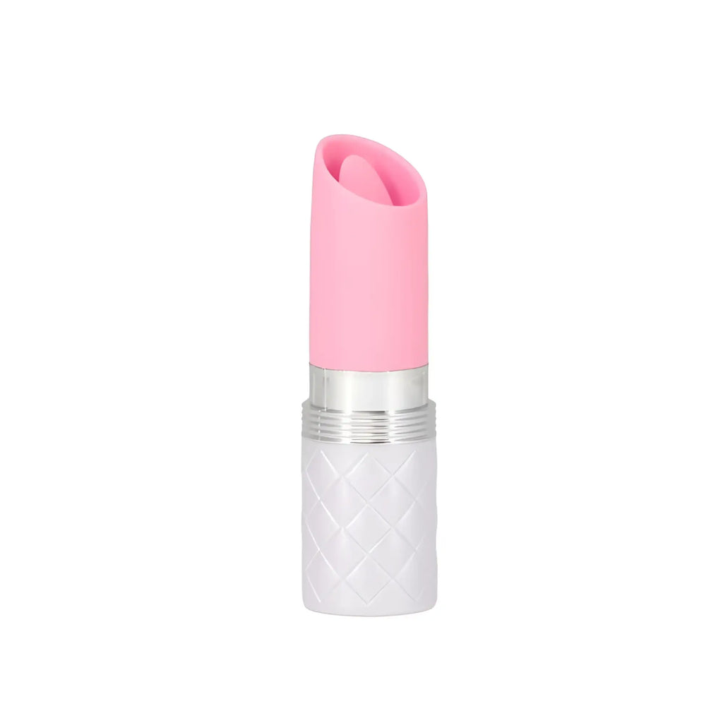 Pink silicone lipstick shaped vibrator with silver band and frosted white base from pillow talk lusty flickering massager