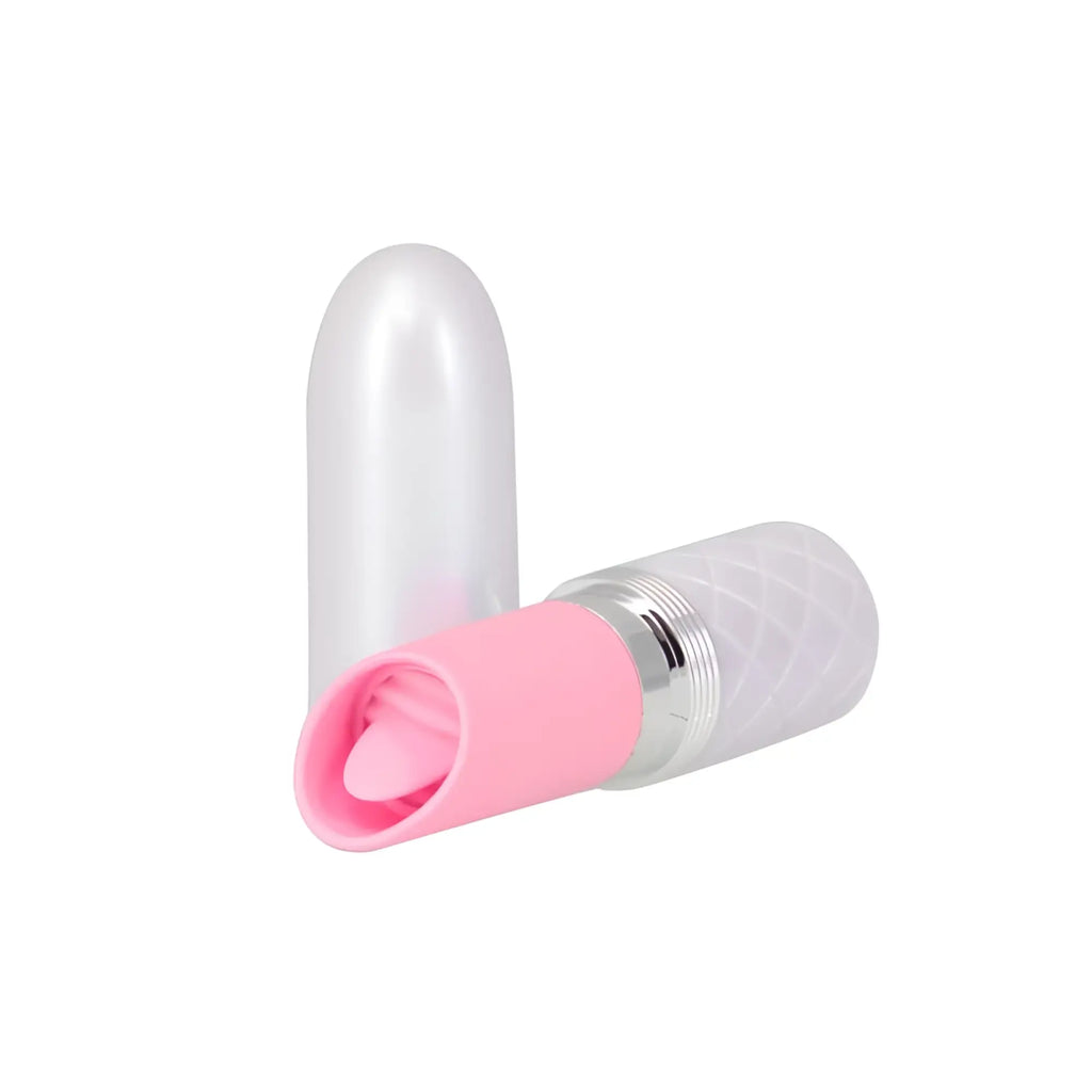 Pink silicone vibrator pillow talk lusty flickering massager with clear textured cylindrical body and silver metallic band