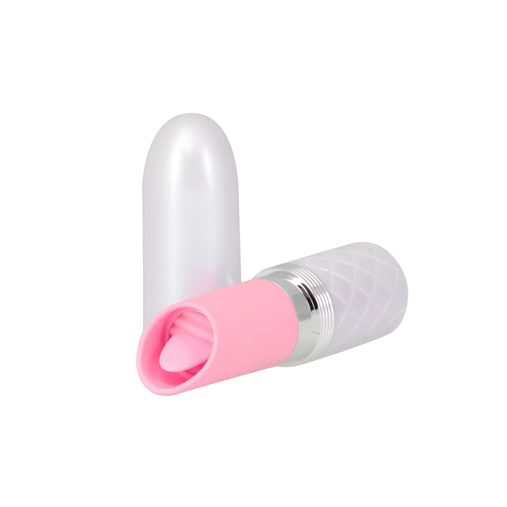 Pink silicone vibrator pillow talk lusty flickering massager with clear textured cylindrical body and silver metallic band