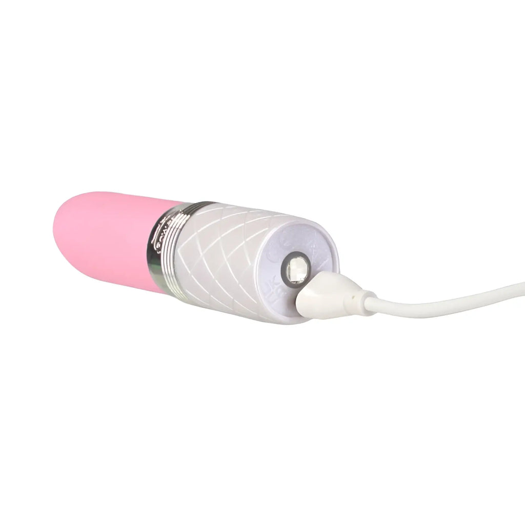 Pink and white silicone pillow talk lusty flickering massager with textured silver band and usb charging cable