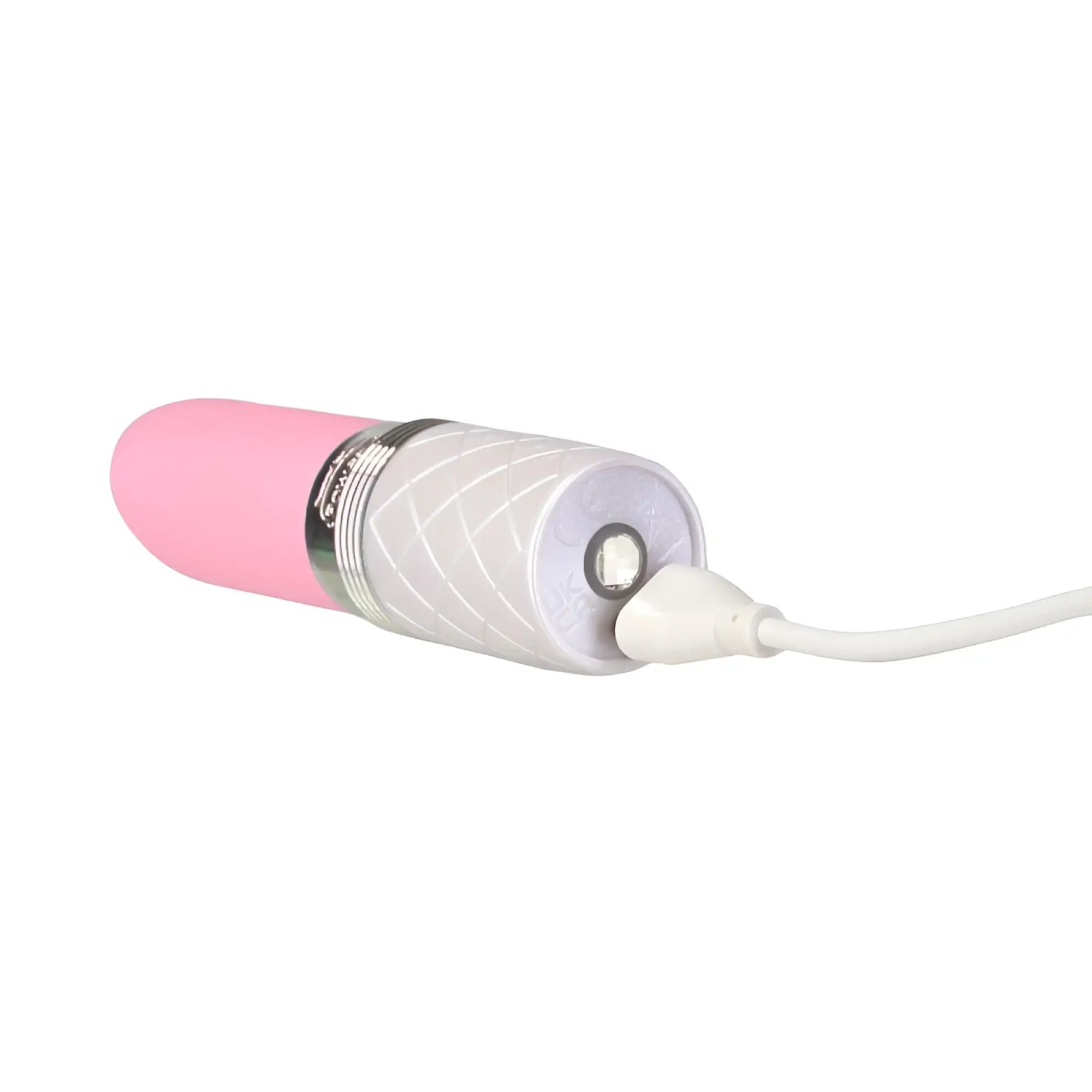 Pink and white silicone pillow talk lusty flickering massager with textured silver band and usb charging cable