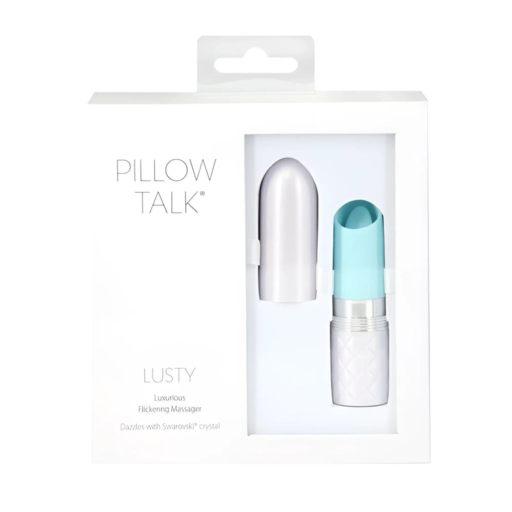 Pillow Talk lusty flickering massager with teal light blue cap and silver base in white packaging