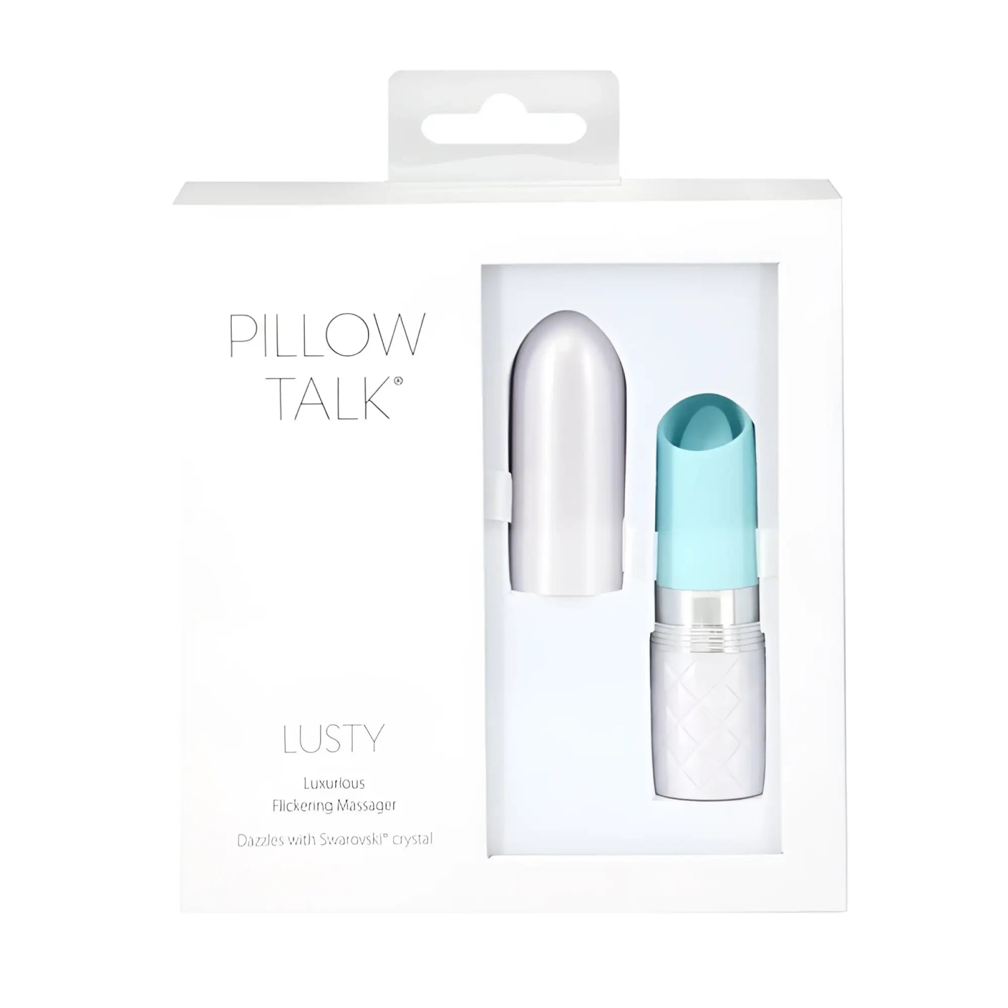 Pillow Talk lusty flickering massager with teal light blue cap and silver base in white packaging