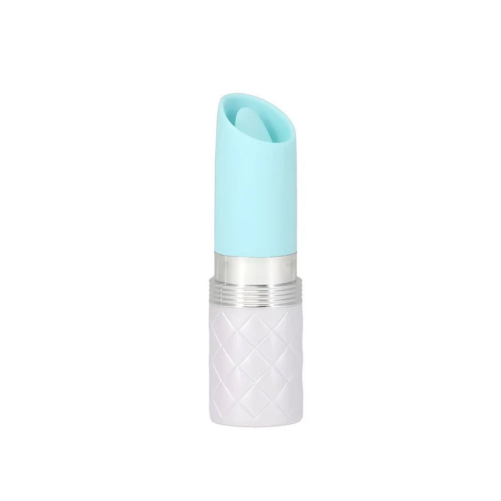 A sleek light blue silicone pillow talk lusty flickering massager with silver metallic band and frosted textured base
