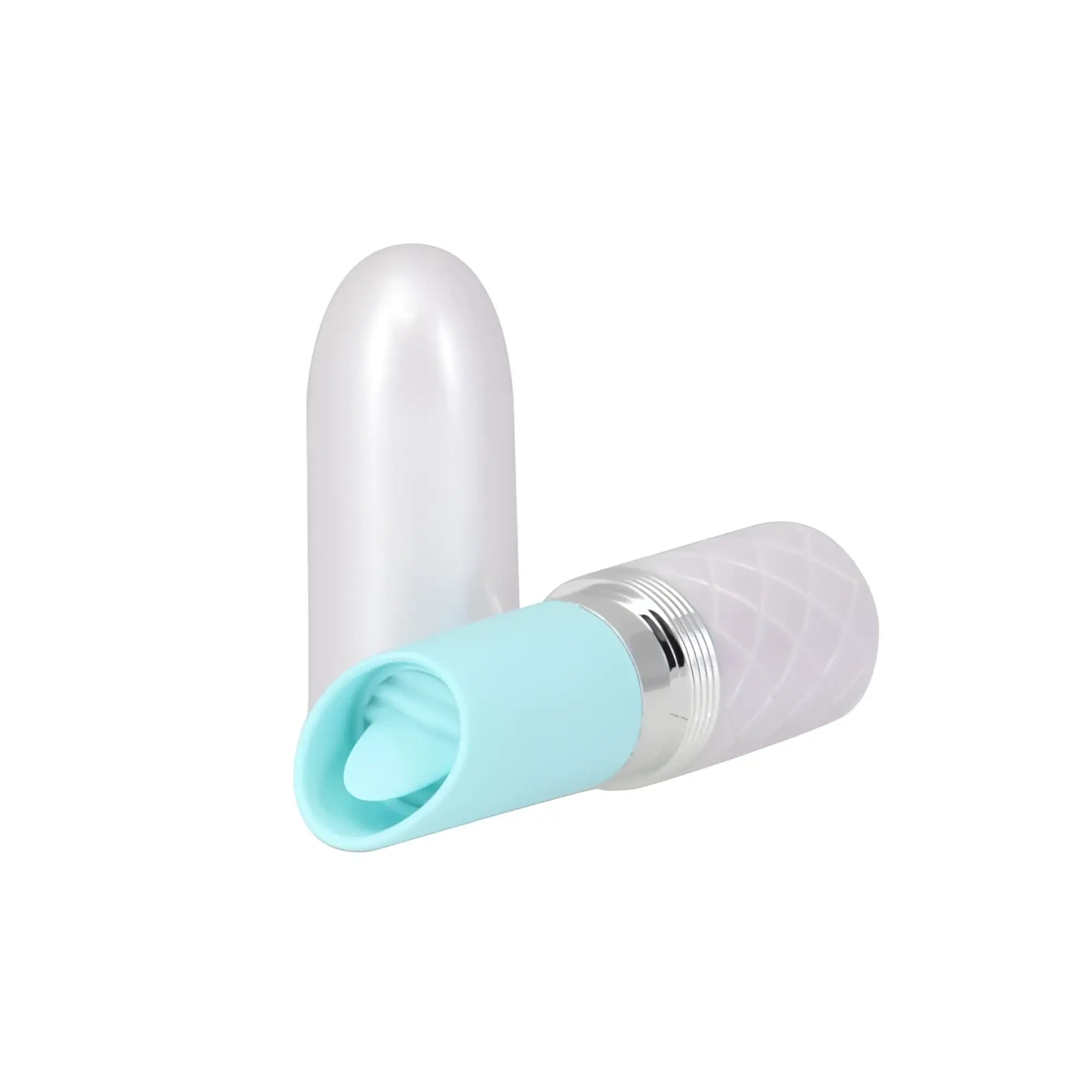 A sleek translucent white silicone vibrator with a light blue cap and silver accents from pillow talk lusty flickering massager teal