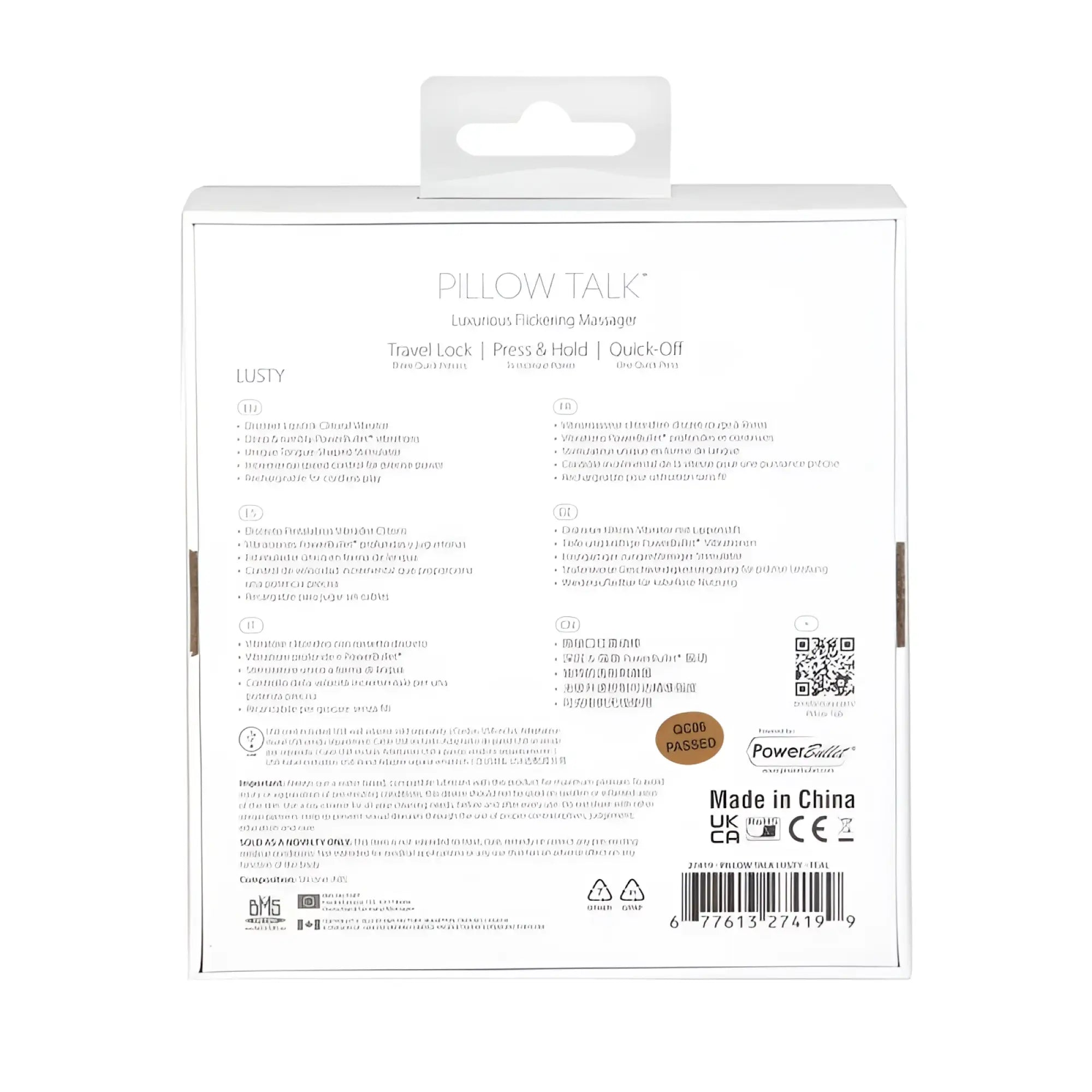 White cardboard packaging for pillow talk lusty flickering massager in teal with luxurious design and key features displayed