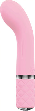 Pink silicone curved vibrator with silver metallic band and diamond-patterned grip from pillow talk racy pink collection