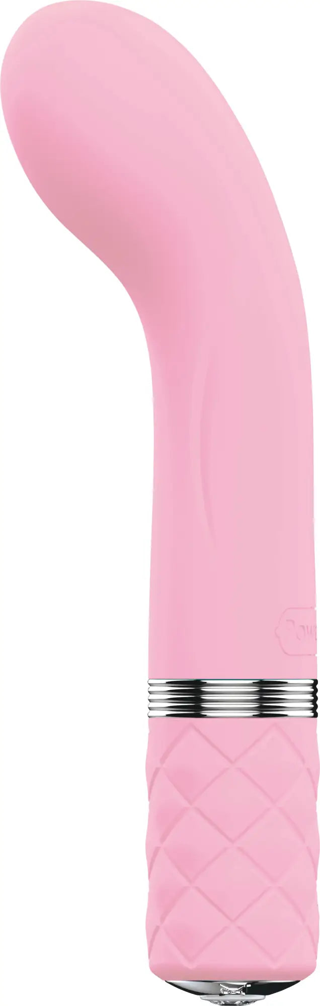 Pink silicone curved vibrator with silver metallic band and diamond-patterned grip from pillow talk racy pink collection