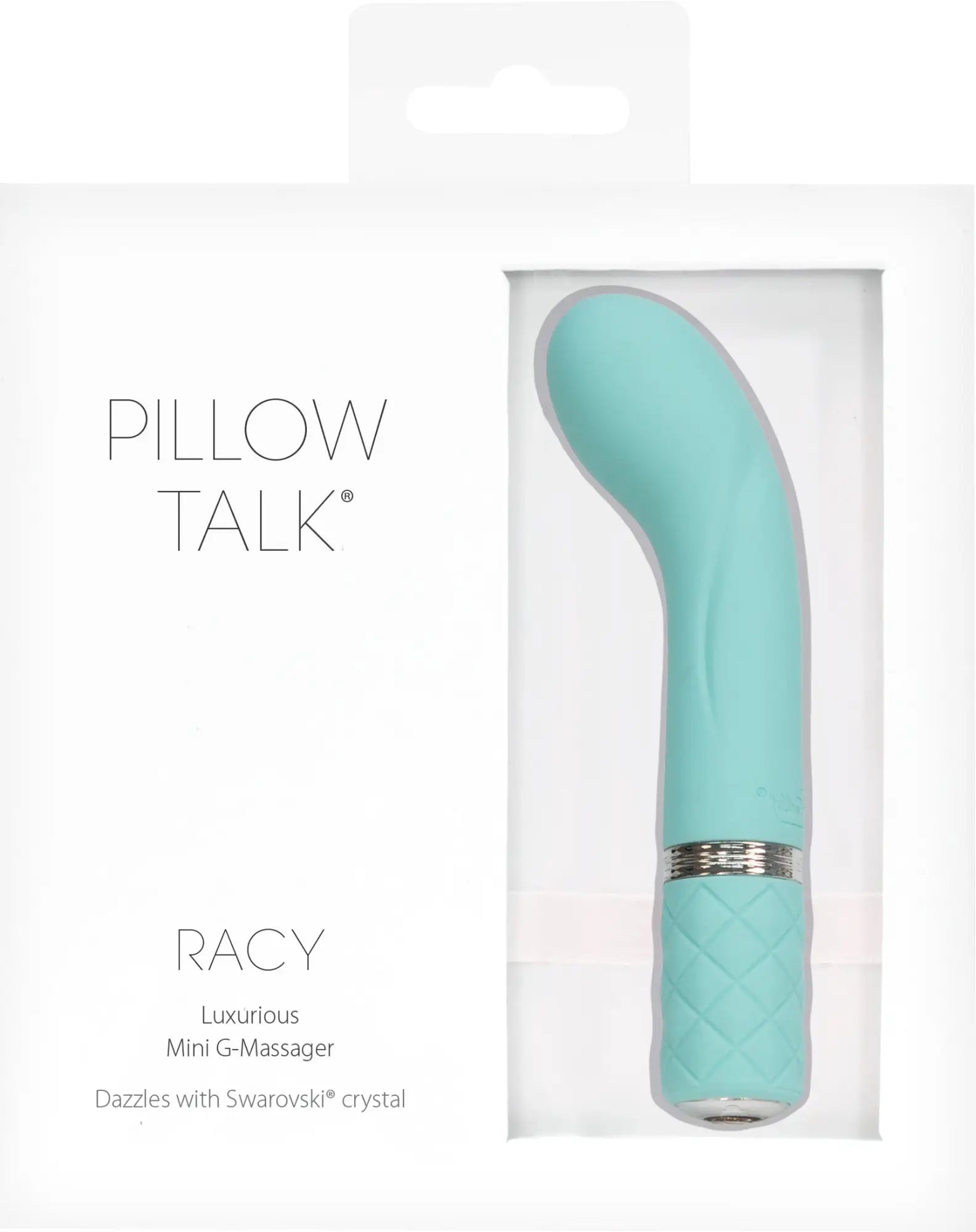The pillow talk racy teal is a mint green mini g-massager with a quilted grip and silver accent band