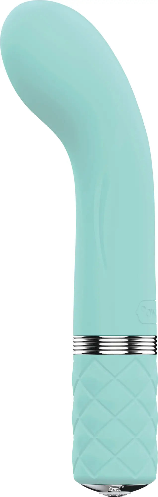 A mint green pillow talk racy teal vibrator with a curved shape, textured diamond grip, and silver metallic accents