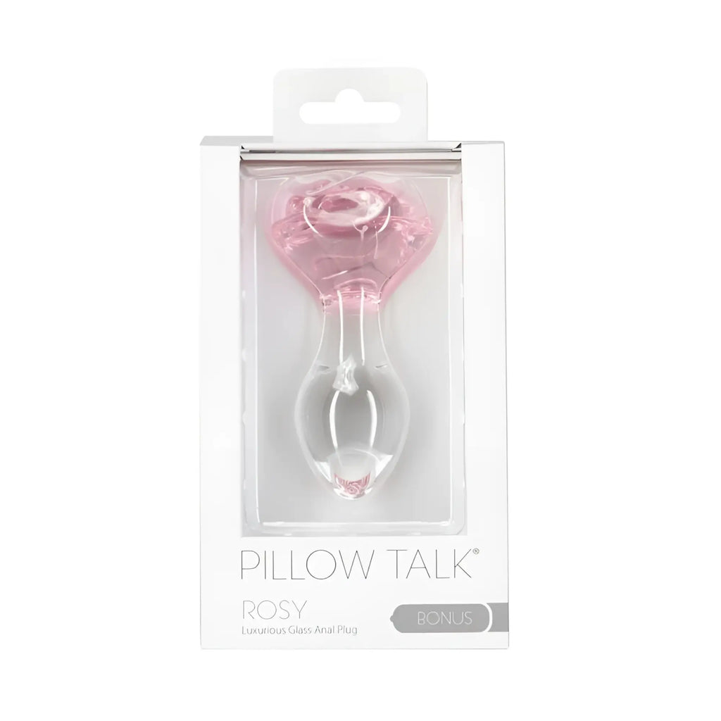 Pink and clear glass anal plug shaped like a rose with a clear gem from pillow talk rosy collection