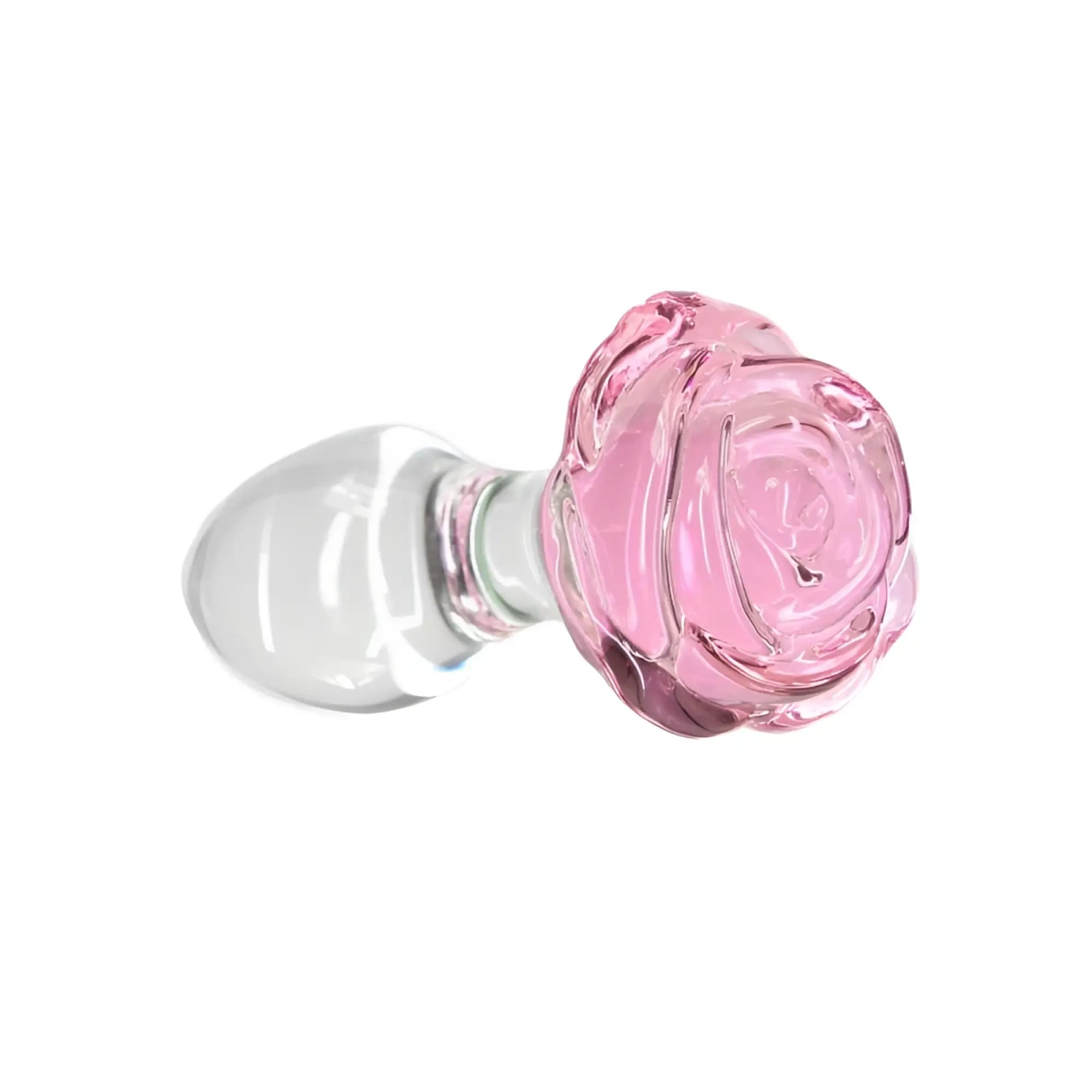 Pillow talk rosy luxurious glass anal plug featuring a translucent pink rose shape with a clear rounded base