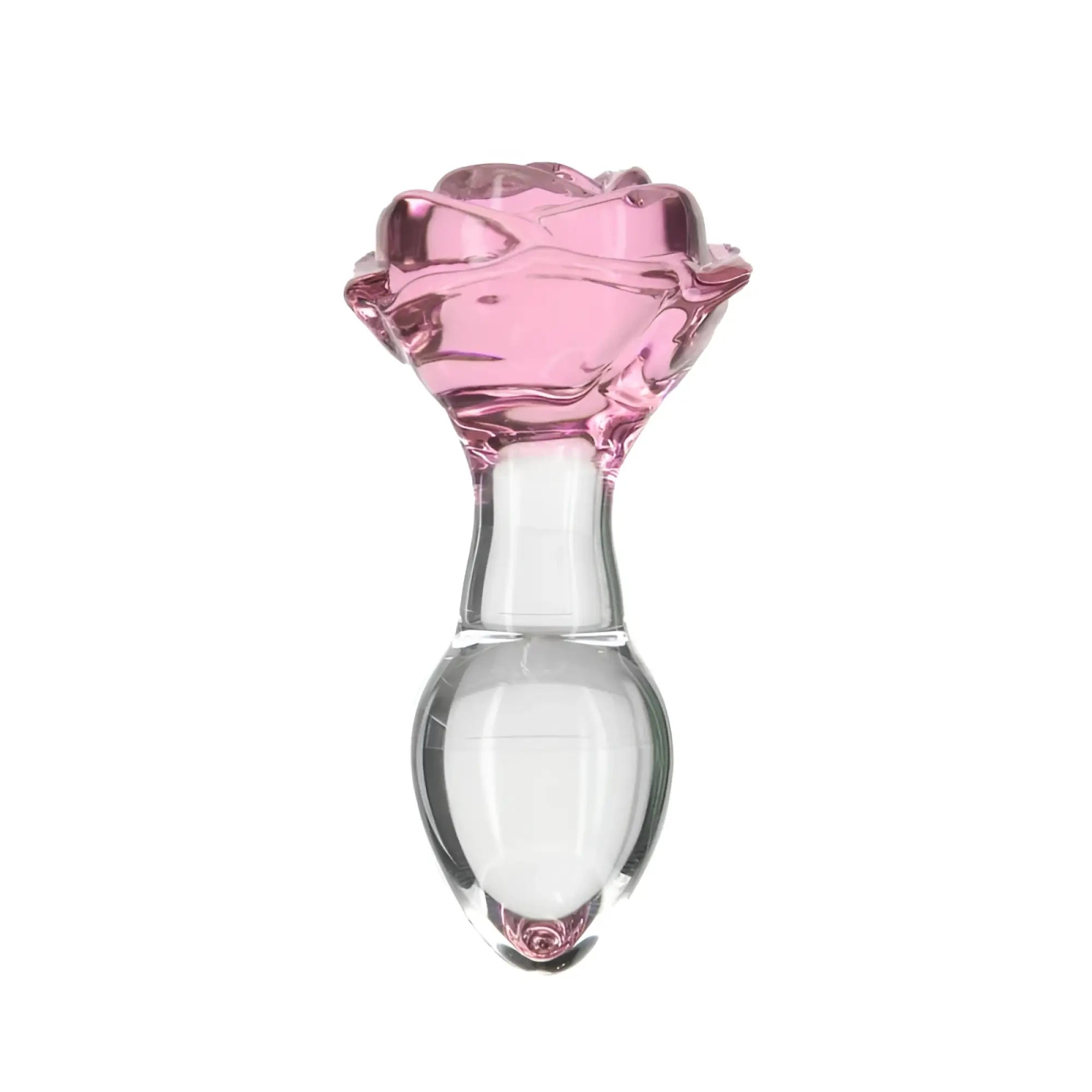 A translucent pink rose-shaped glass anal plug with a clear rounded base from pillow talk rosy luxurious collection