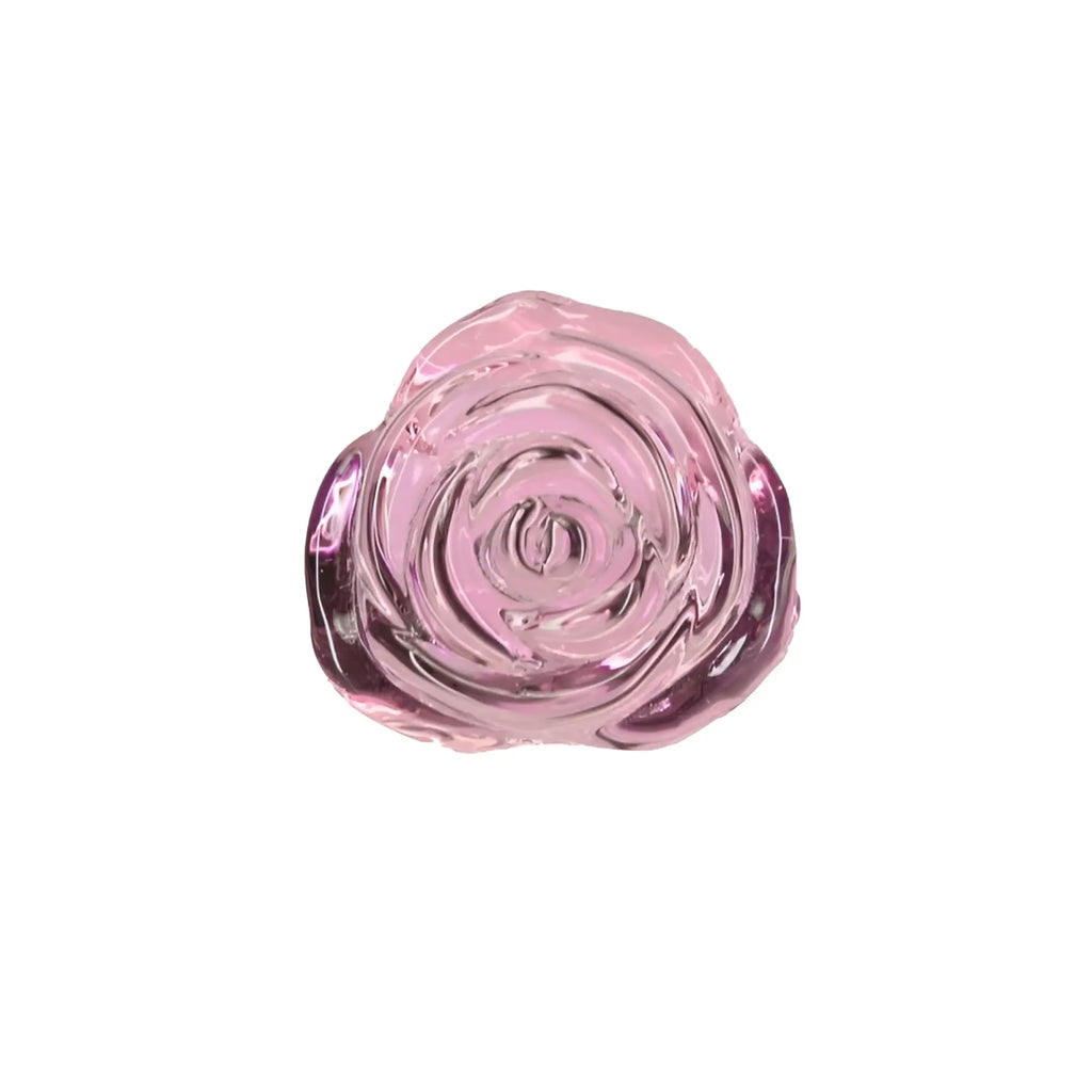 Pillow talk rosy luxurious glass anal plug in translucent pink with smooth petals and a clear gem ornament design