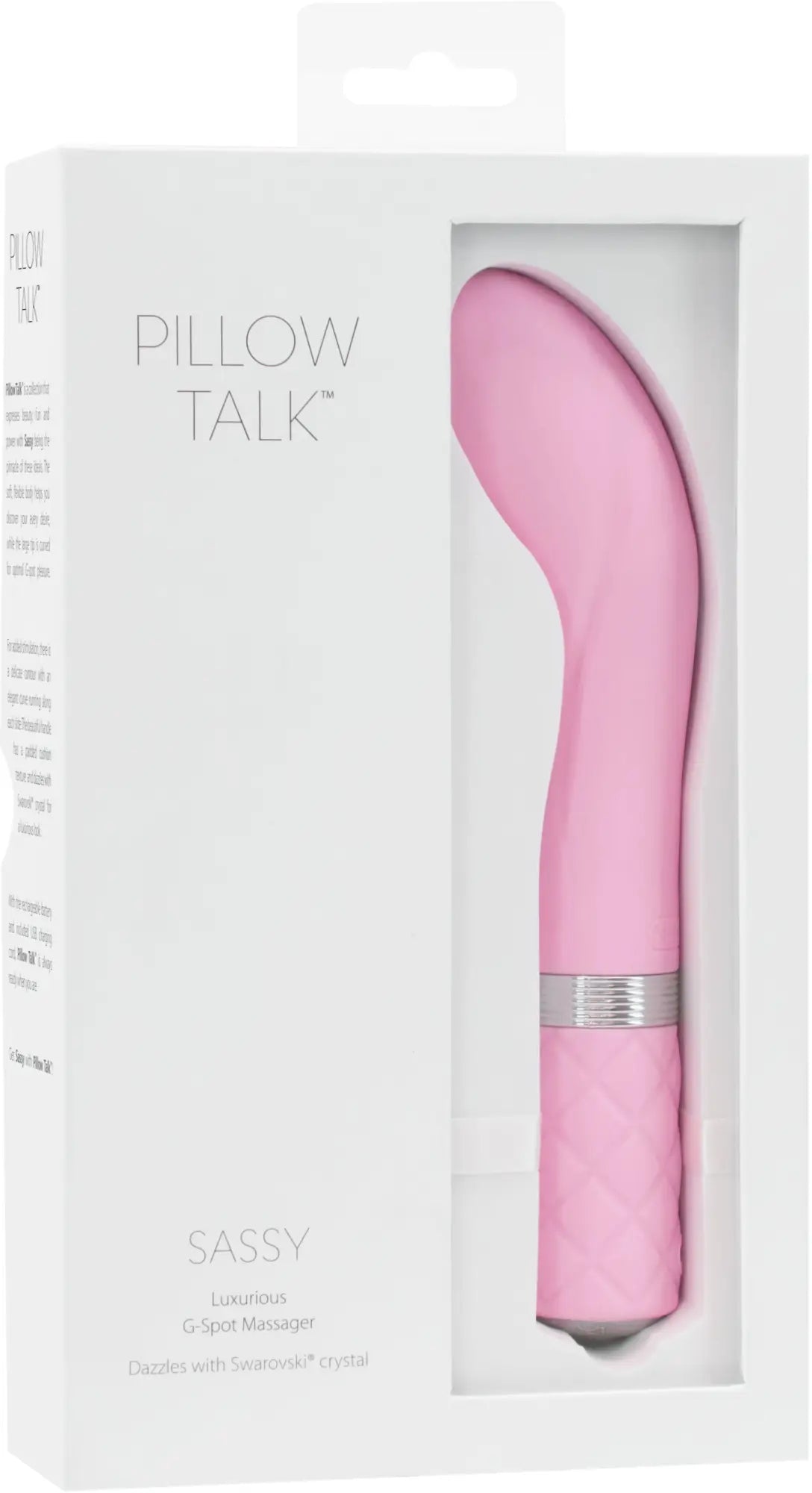 Pink pillow talk sassy g-spot massager with silver accent band and textured grip for targeted pleasure