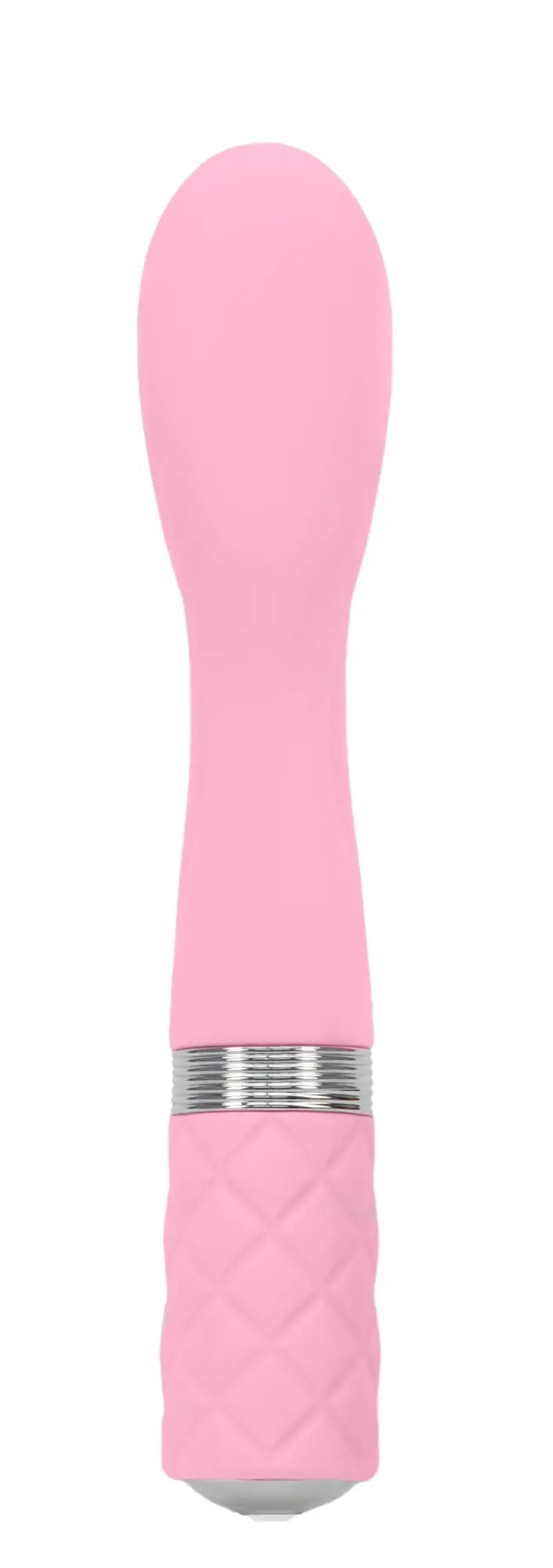 Pink silicone vibrator pillow talk sassy pink with quilted grip and silver metallic band for personal use
