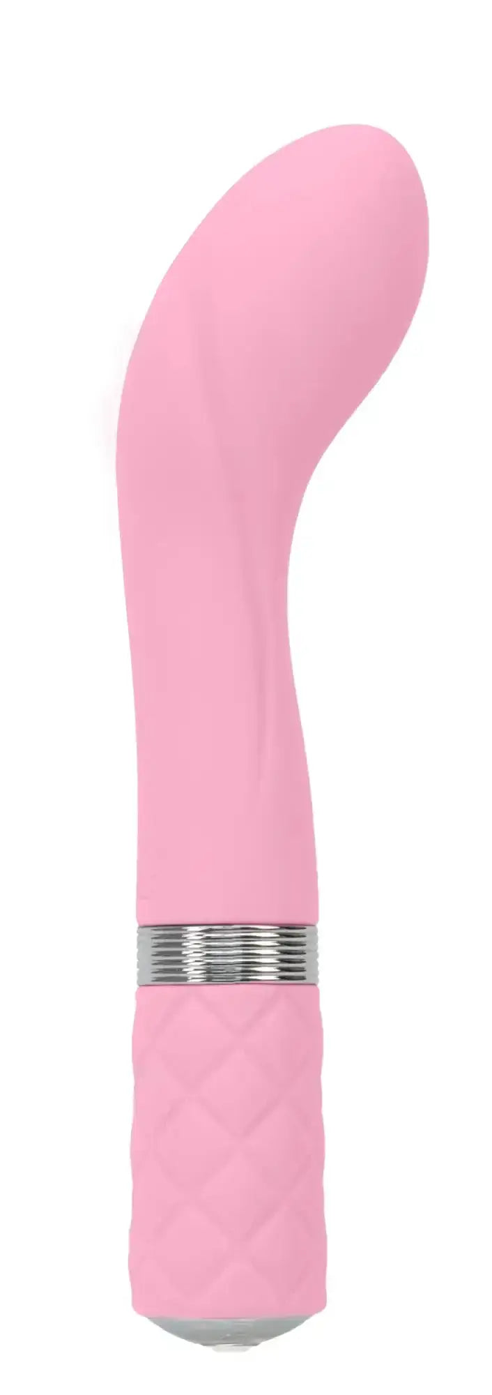 Pink silicone vibrator pillow talk sassy pink with silver metallic band and quilted handle texture