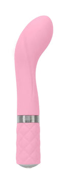 Pink silicone vibrator pillow talk sassy pink with silver metallic band and quilted handle texture