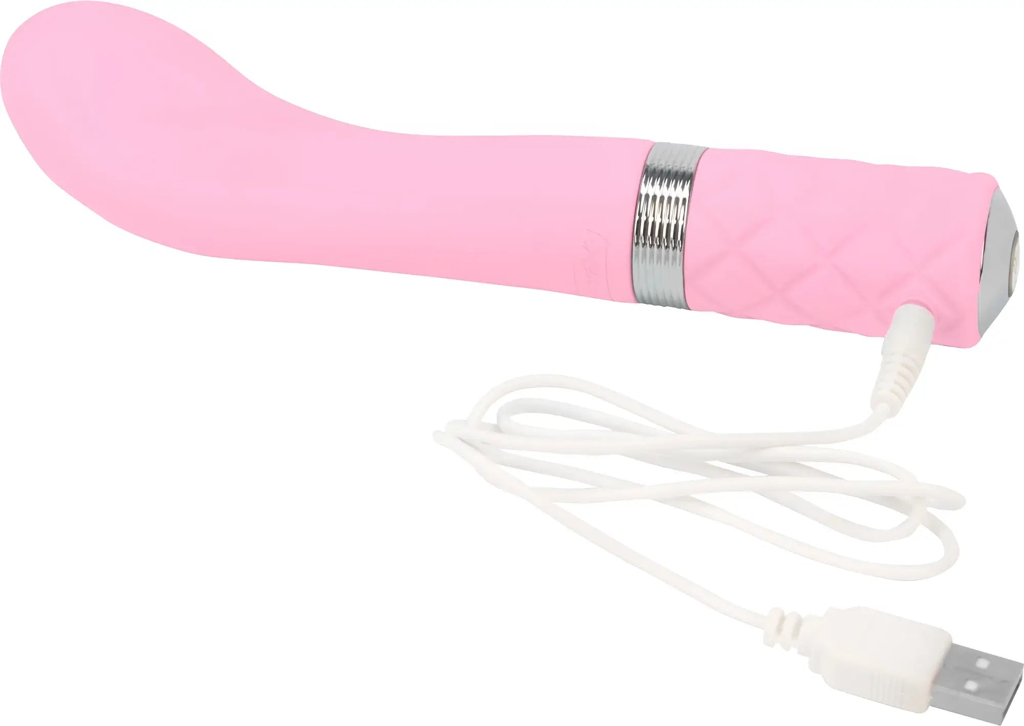 Pink silicone vibrator with silver textured band and usb charging cable from pillow talk sassy pink product line
