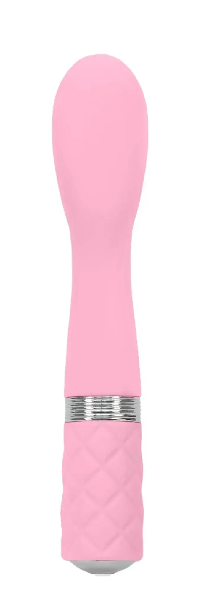 Pink silicone vibrator pillow talk sassy pink with quilted grip and silver metallic band for personal use