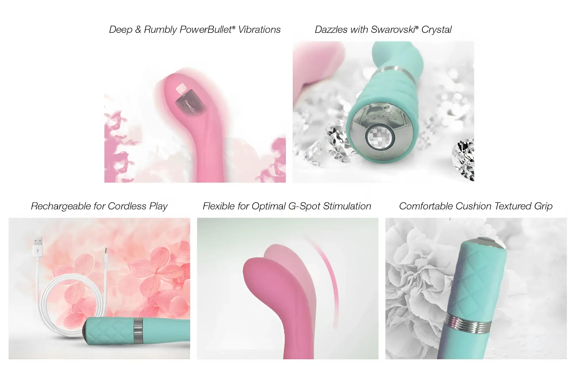 A sleek teal powerbullet vibrator with textured grip and swarovski crystal accent from pillow talk sassy pink collection