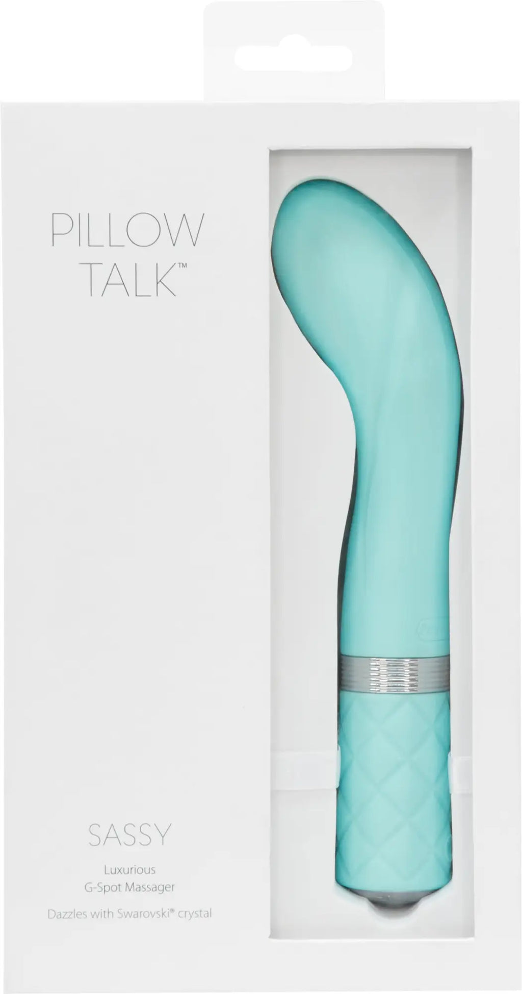 The pillow talk sassy teal vibrator is a sleek mint-green silicone curved device with textured grip and silver band