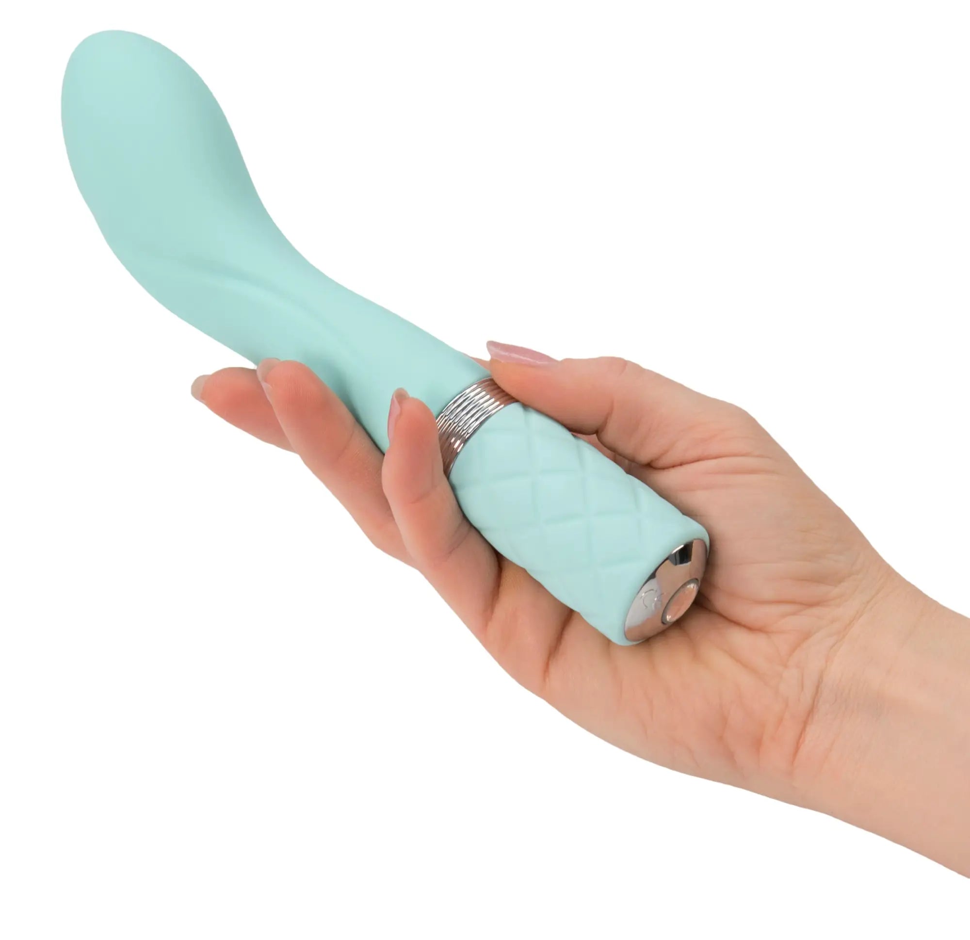 A mint green silicone Pillow Talk Sassy Teal vibrator with textured grip and silver metallic accents