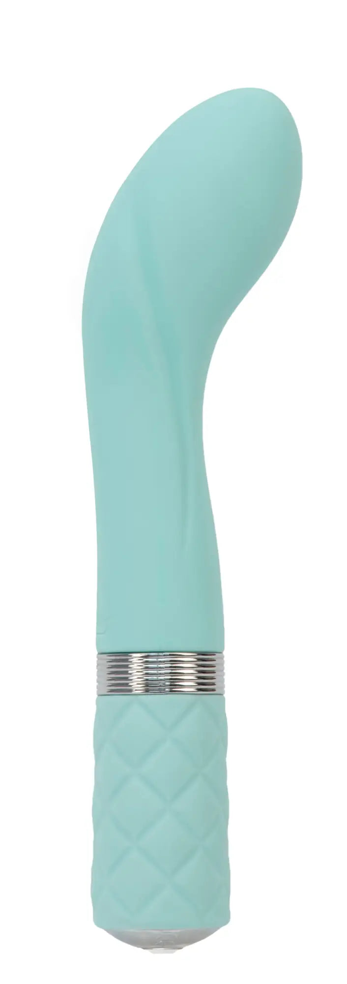 A mint green silicone vibrator with a diamond-patterned grip and silver band from pillow talk sassy teal collection