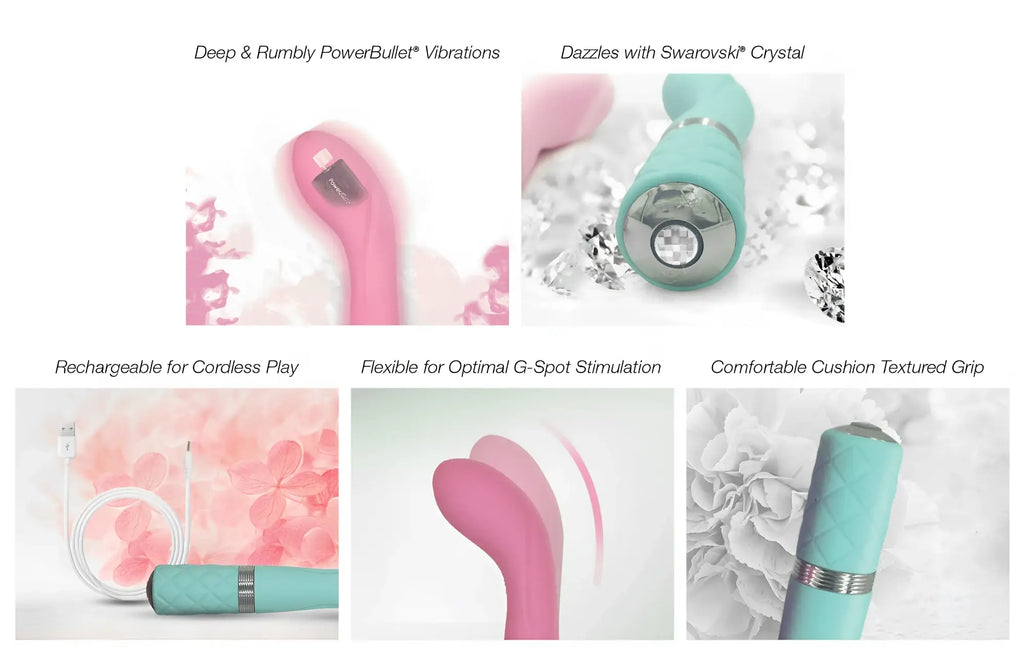 A sleek teal powerbullet vibrator with textured grip and Swarovski crystal accent from Pillow Talk Sassy Teal collection