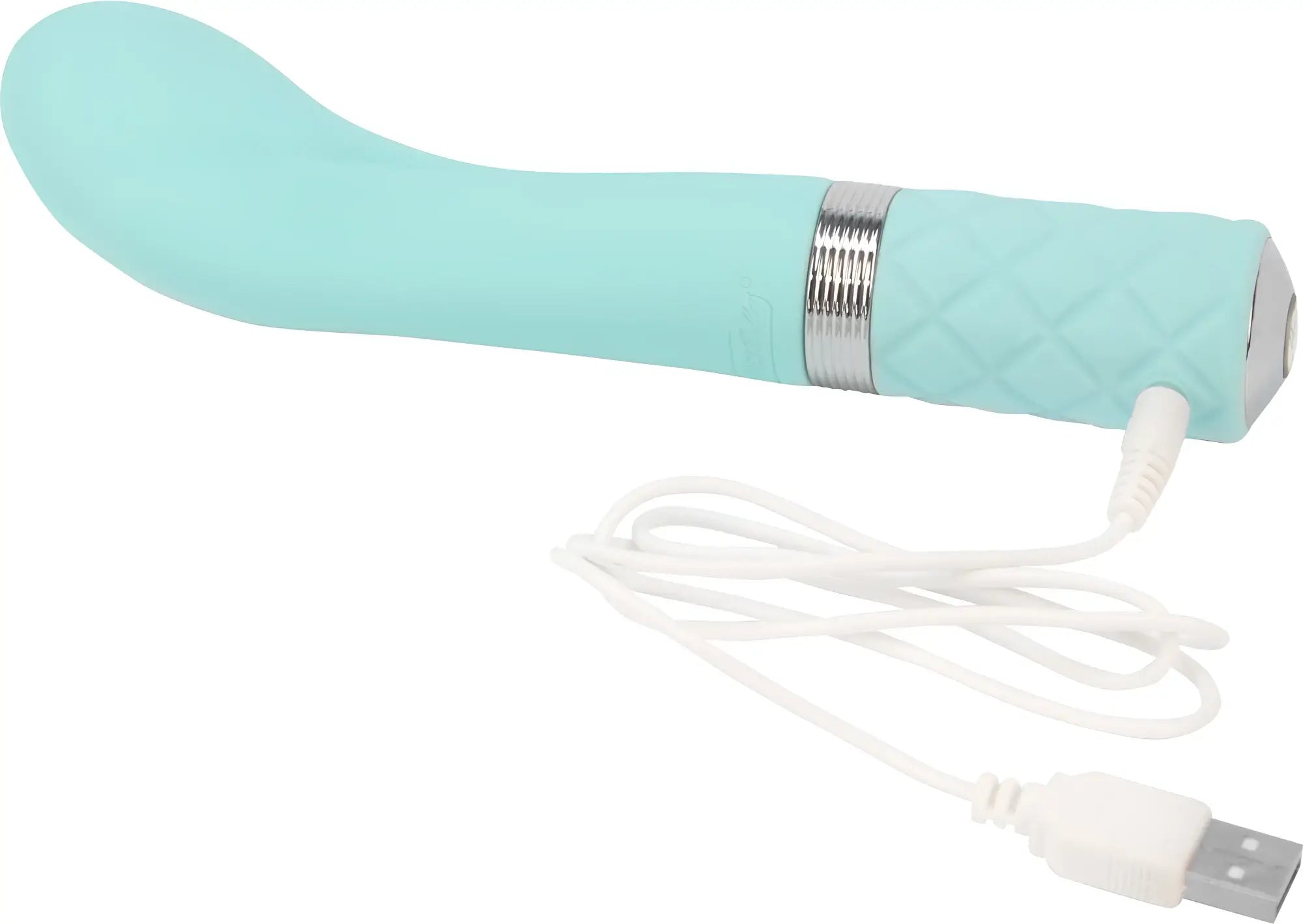 A sleek light blue silicone vibrator with textured grip and silver band from pillow talk sassy teal collection