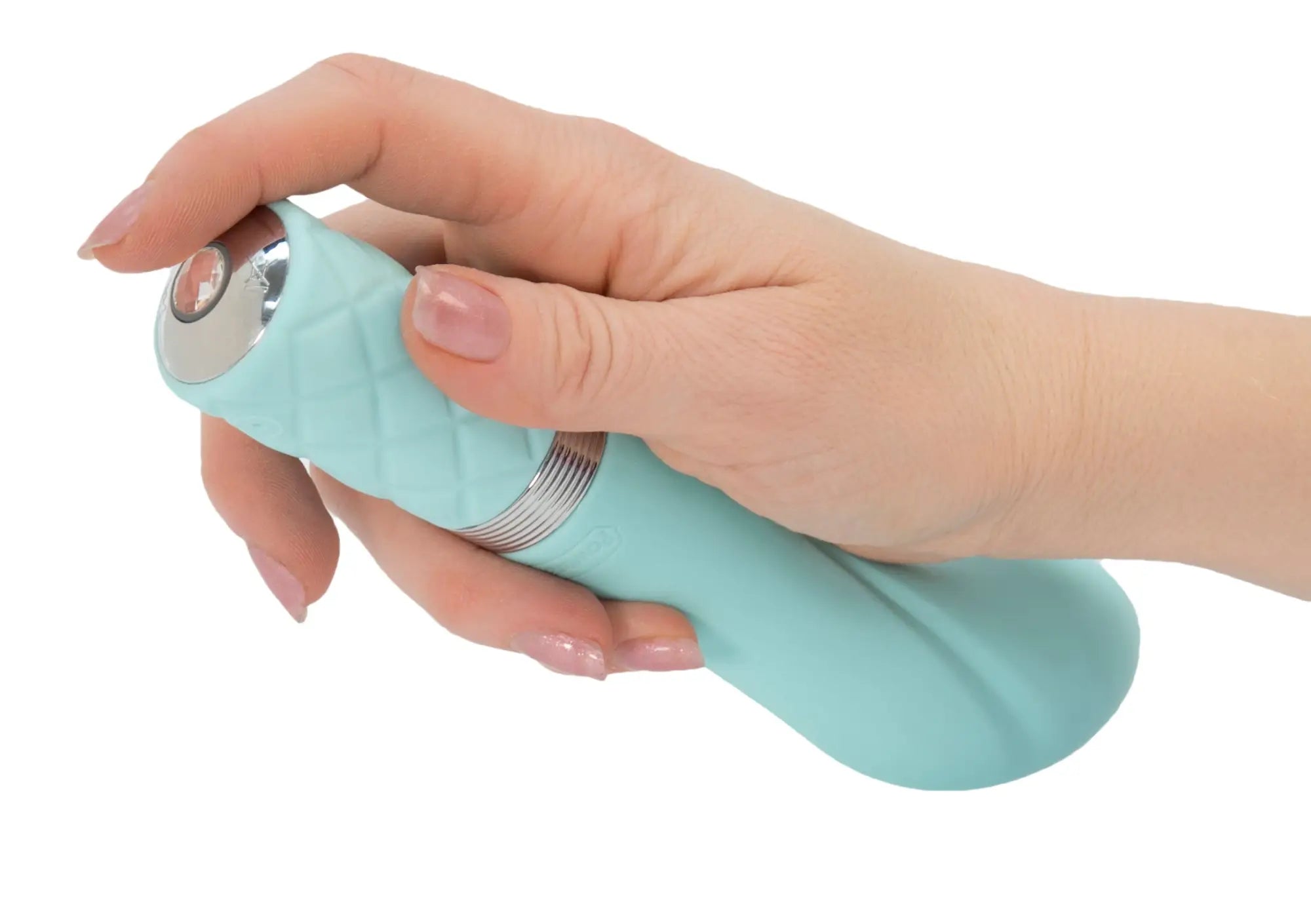 Pillow Talk sassy teal vibrator in sleek light blue silicone with silver button and textured grip for easy use