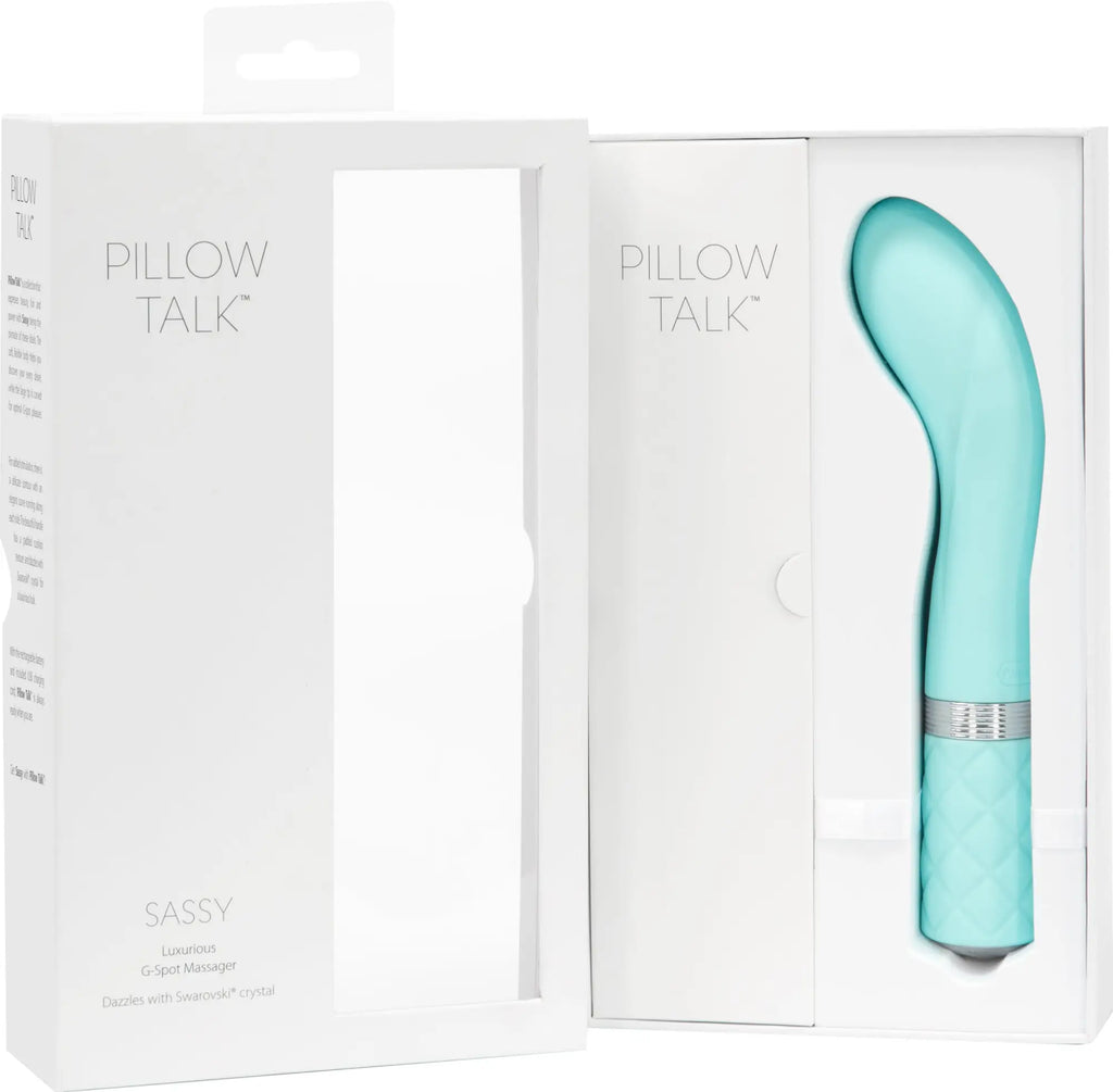 A sleek mint green pillow talk sassy teal g-spot massager with textured grip and silver accent band
