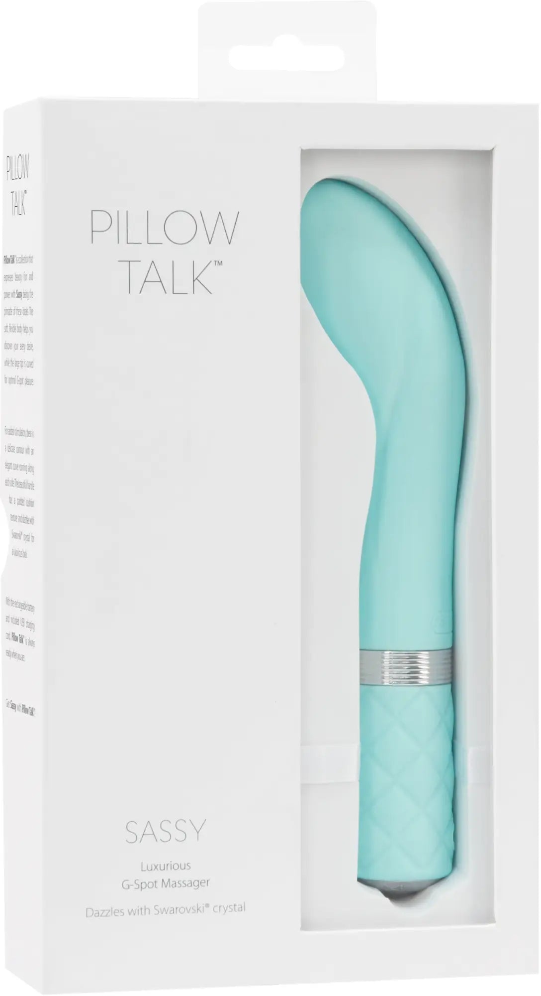 A sleek mint green pillow talk sassy g-spot massager with textured grip and silver accent band in teal