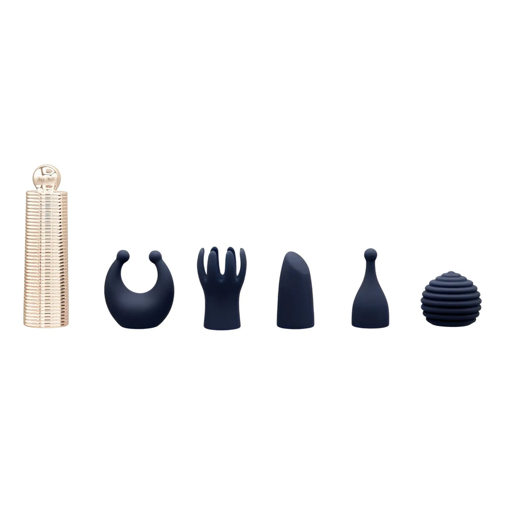 Pillow talk secrets desires 6 pc massager set with five matte black silicone attachments and one metallic gold base