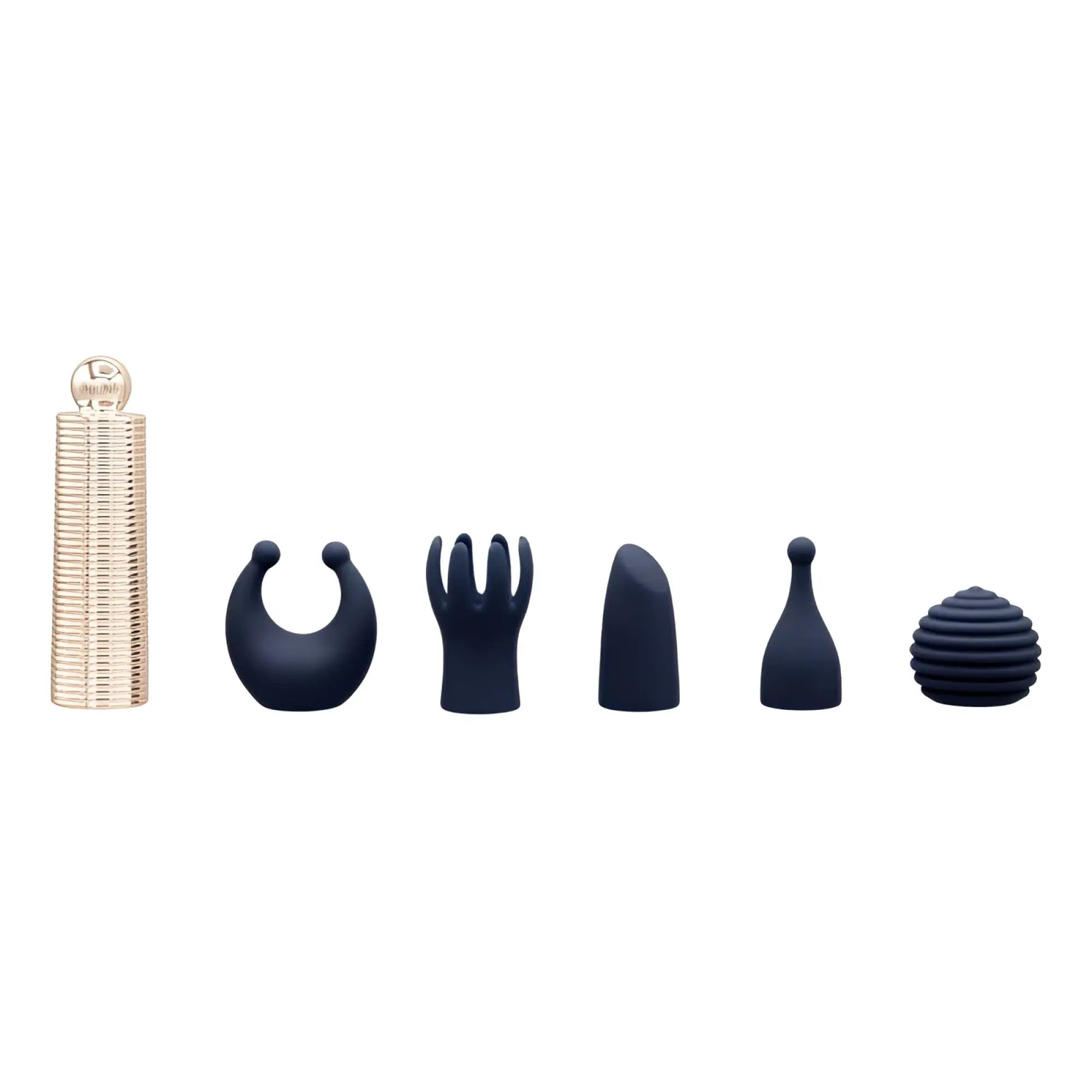 Pillow talk secrets desires 6 pc massager set with five matte black silicone attachments and one metallic gold base