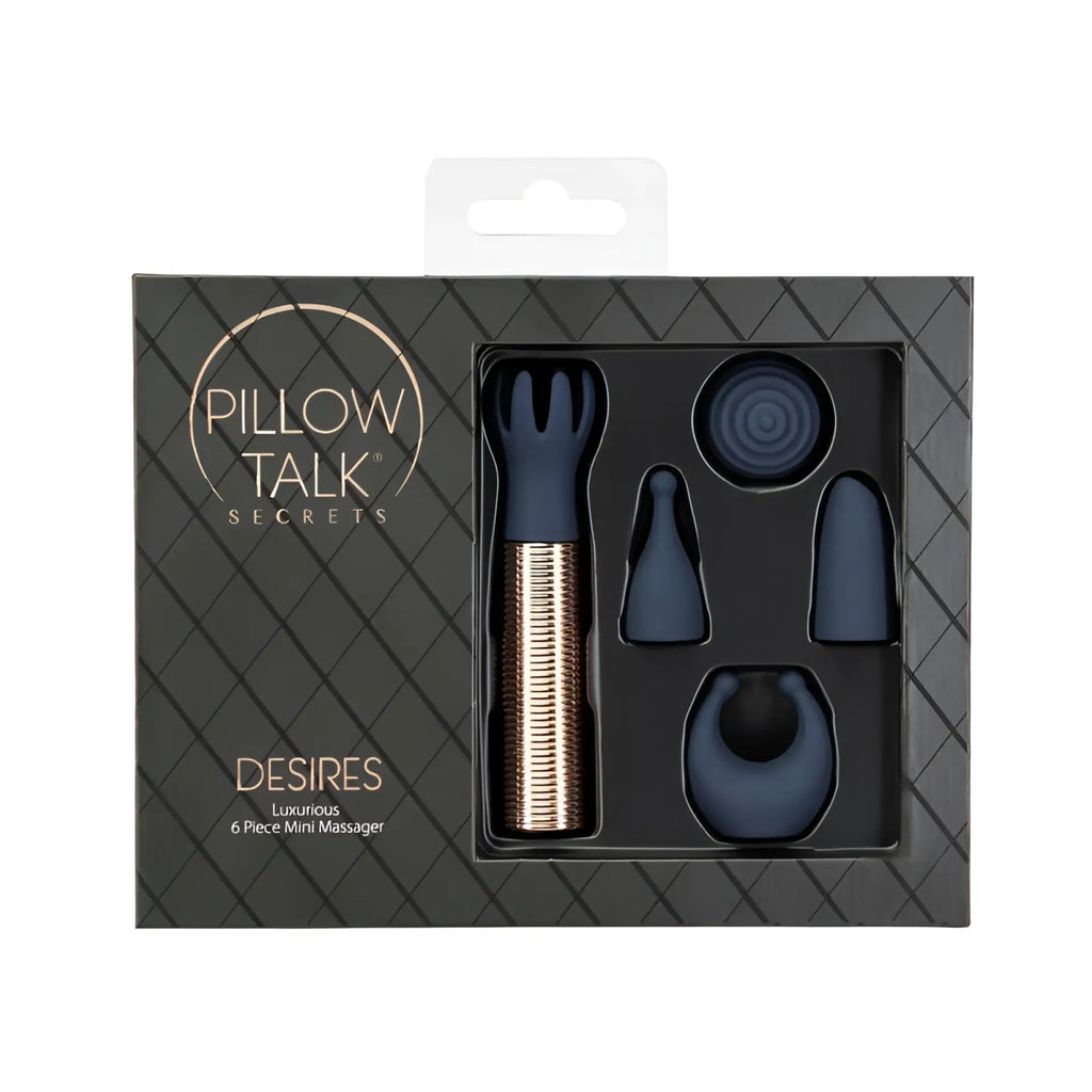Pillow talk secrets desires 6 piece mini massager set in navy blue and rose gold with luxurious design details