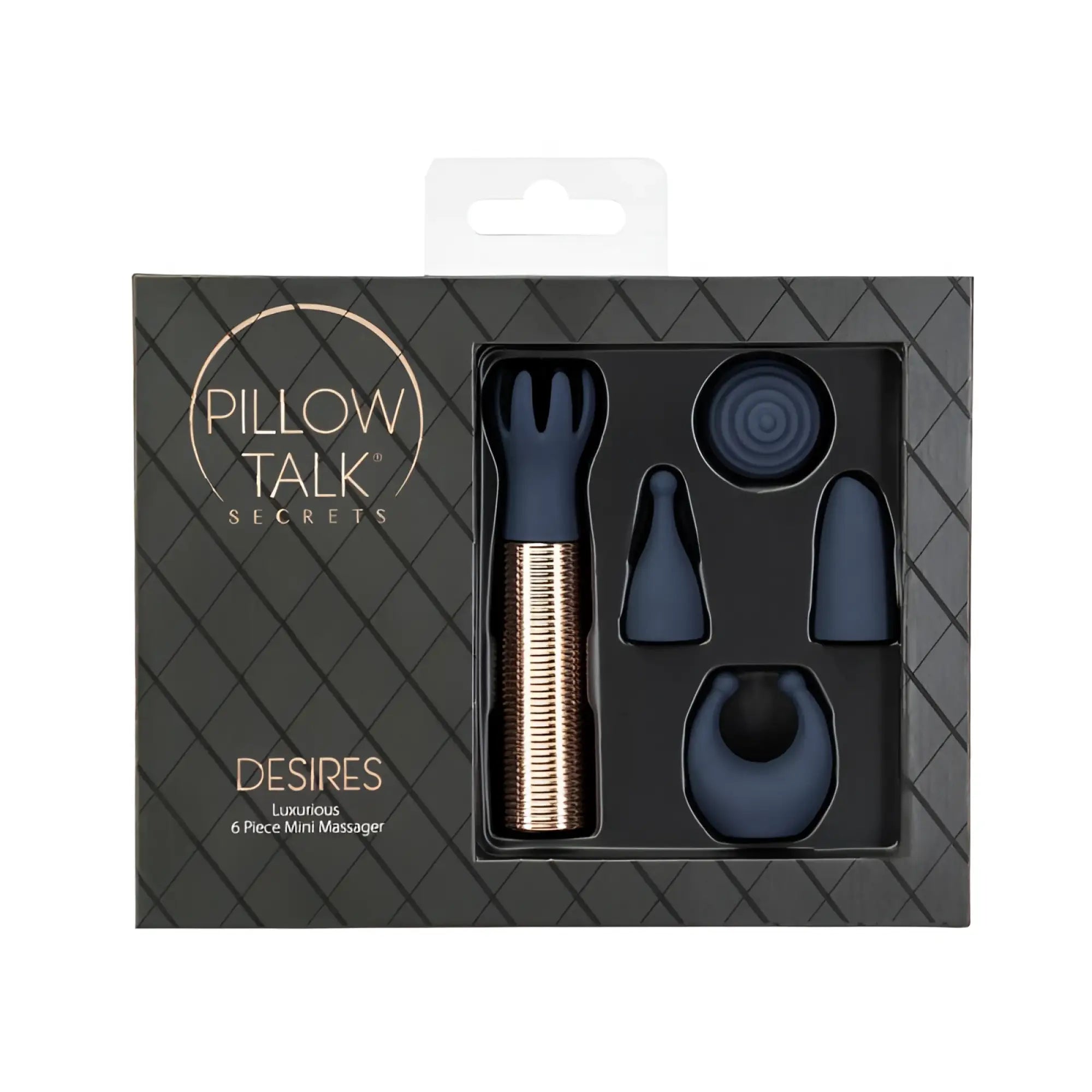 Pillow talk secrets desires 6 piece mini massager set in navy blue and rose gold with luxurious design details