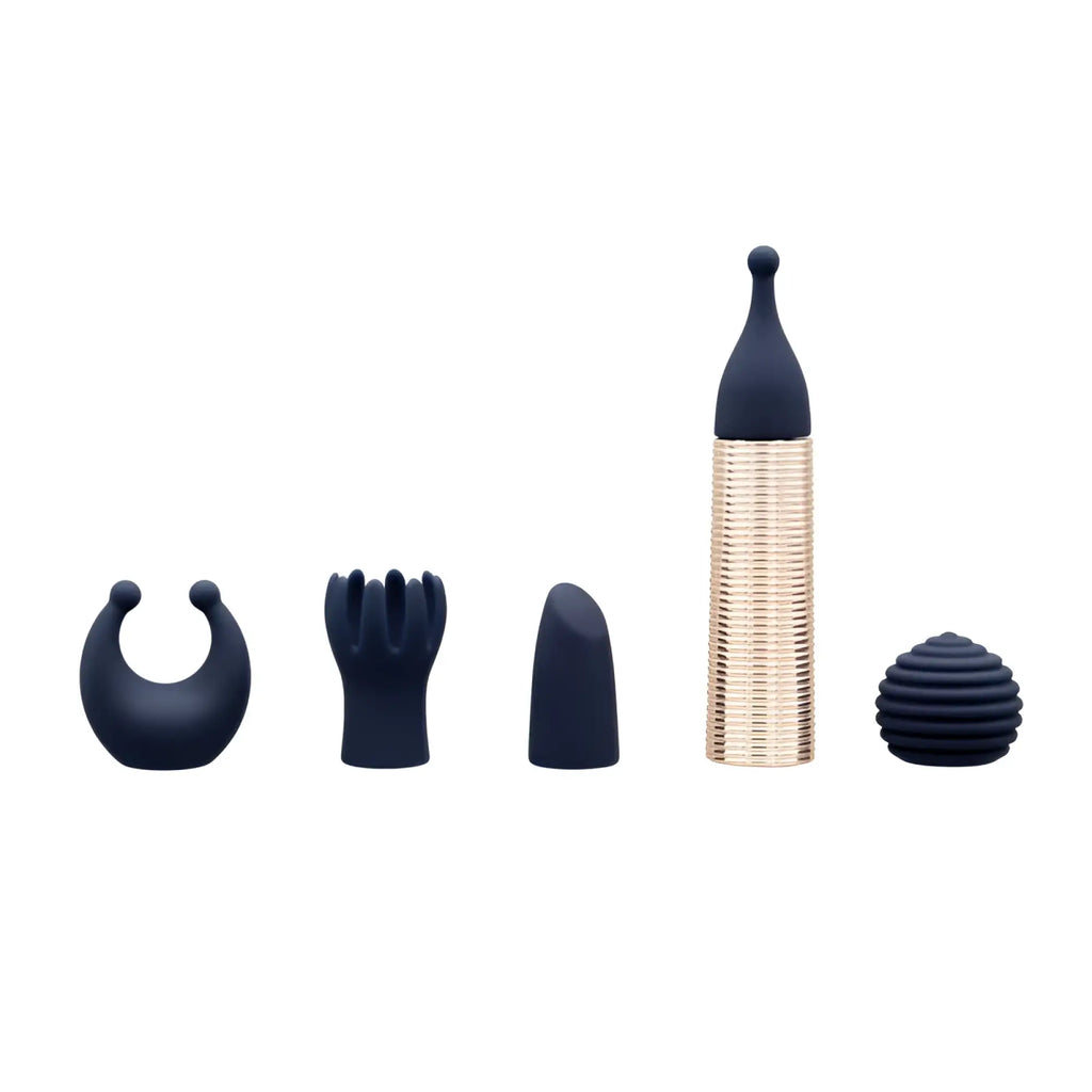 Navy blue silicone attachments for rose gold textured wand vibrator in pillow talk secrets desires 6 pc massager set