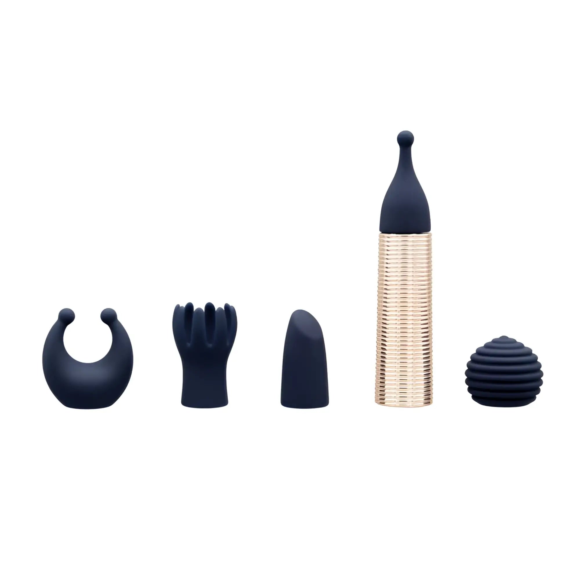 Navy blue silicone attachments for rose gold textured wand vibrator in pillow talk secrets desires 6 pc massager set
