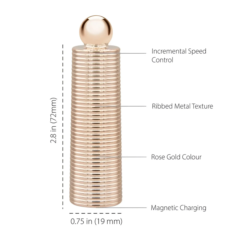 Rose gold cylindrical massager with ribbed metal texture and rounded top cap from pillow talk secrets desires set