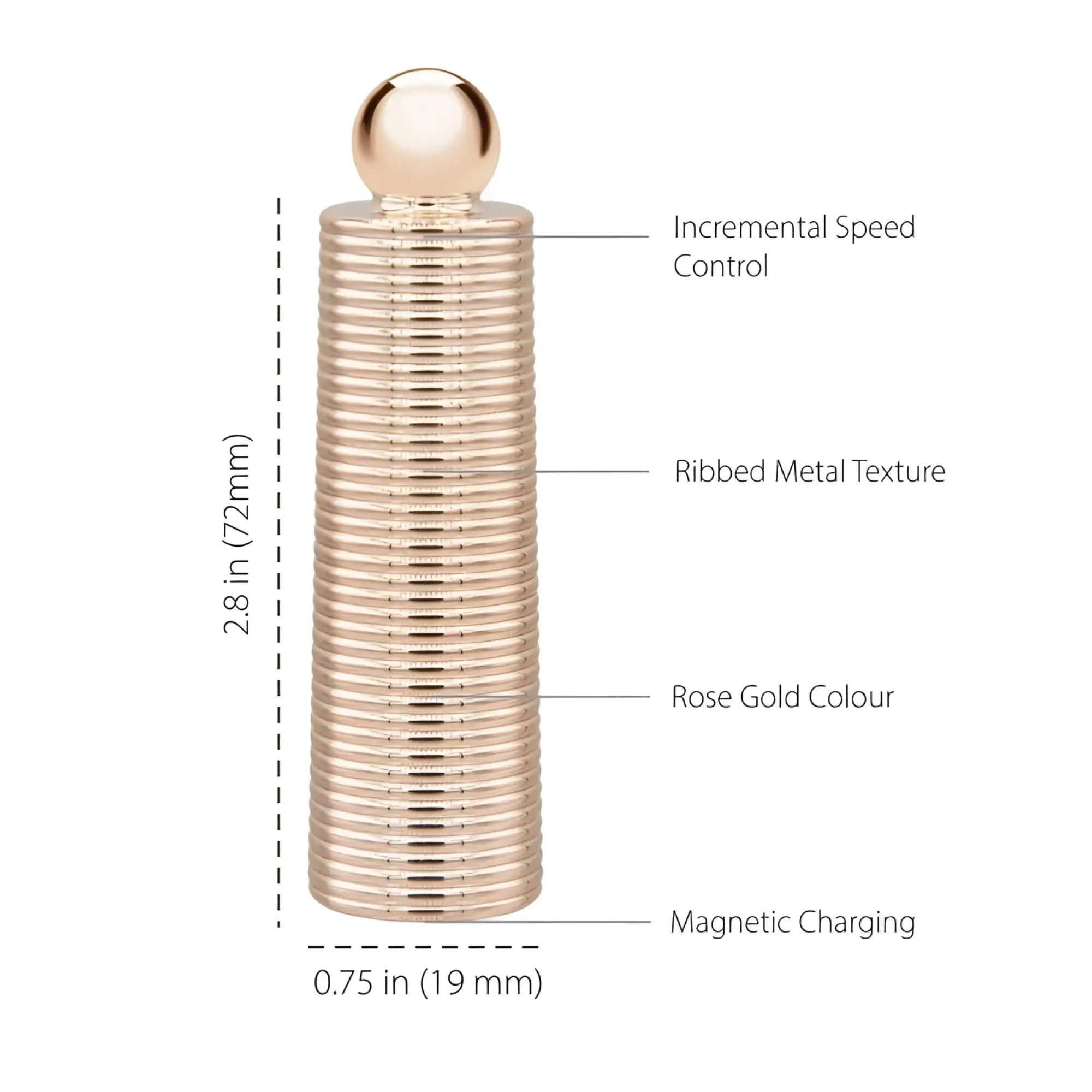 Rose gold cylindrical massager with ribbed metal texture and rounded top cap from pillow talk secrets desires set