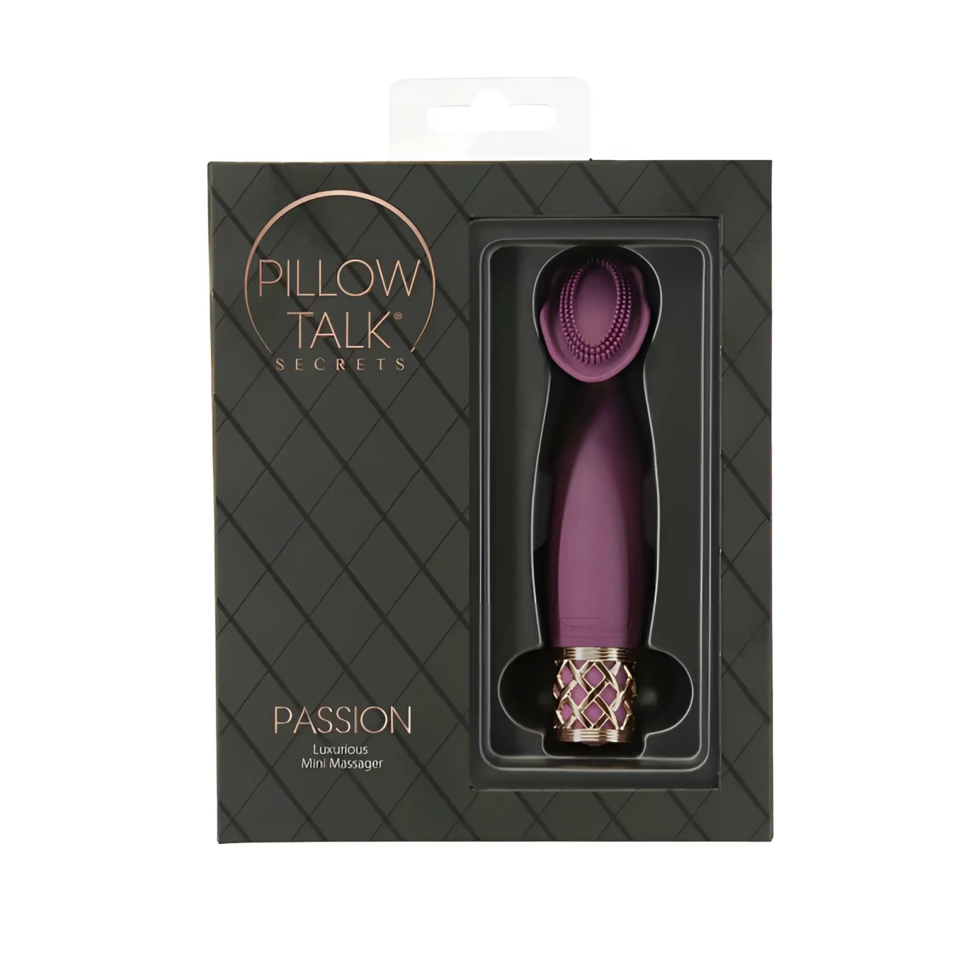 Purple and rose gold pillow talk secrets passion luxurious mini massager with textured head and diamond patterned base