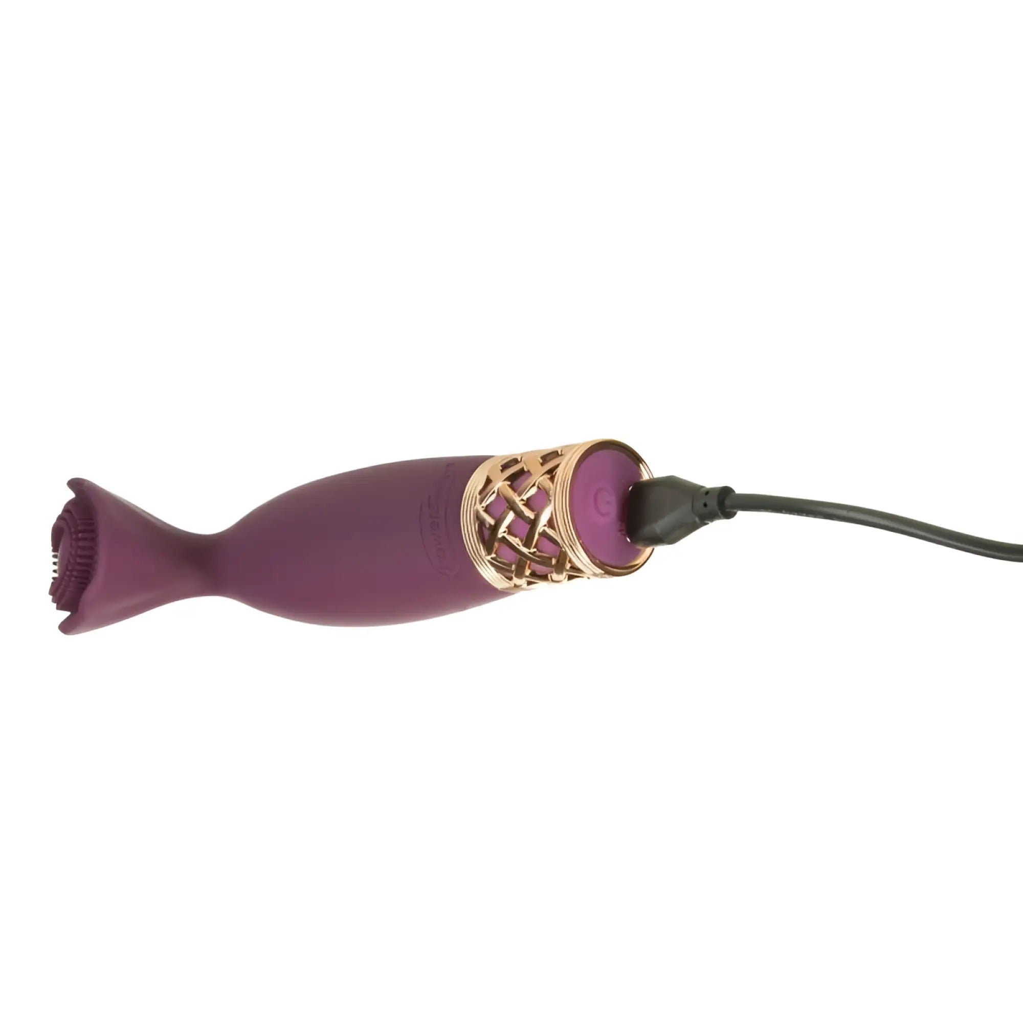 Purple silicone pillow talk secrets passion massager with gold tone lattice design and black charging cable