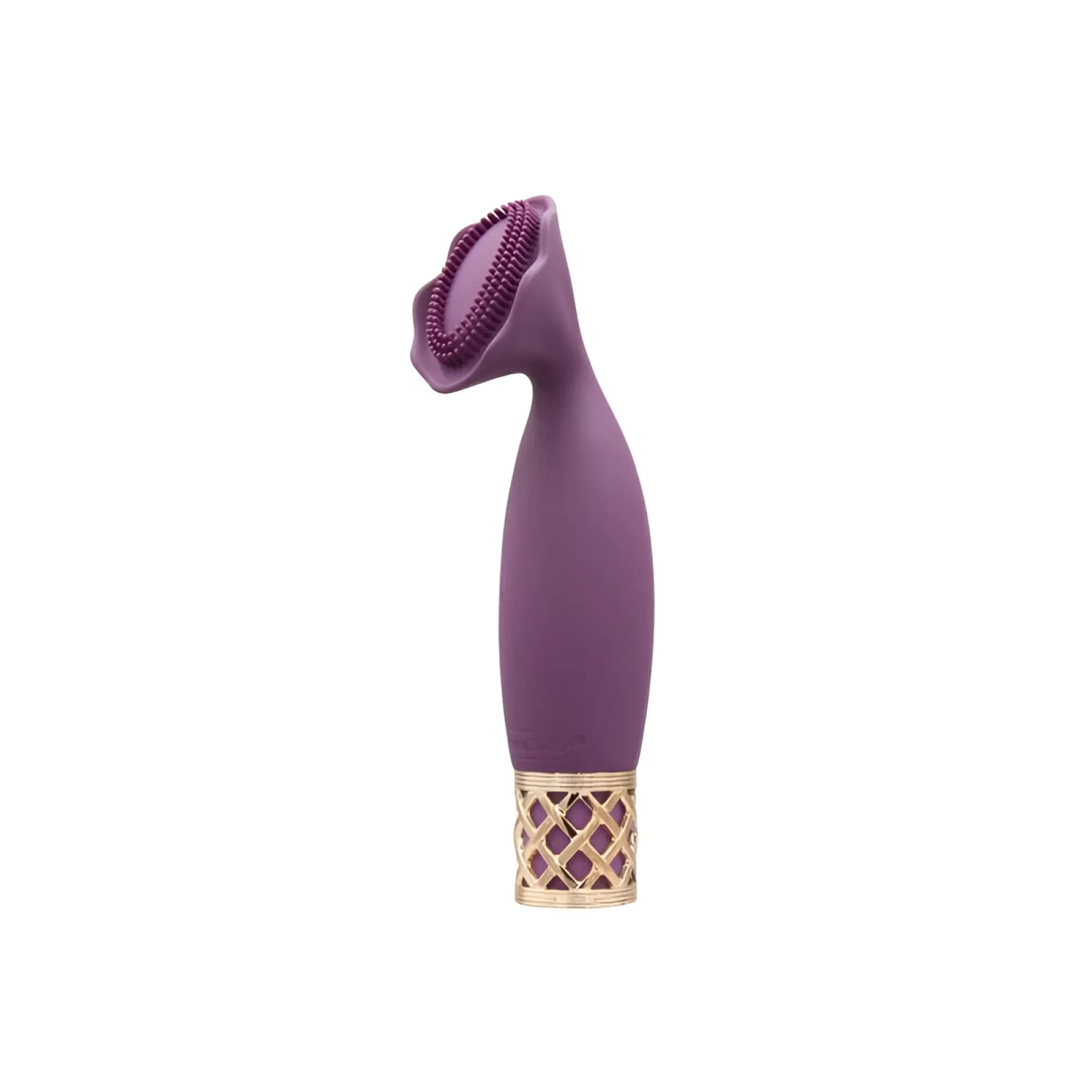 Purple silicone pillow talk secrets passion massager with gold lattice base and bristled head for intimate use